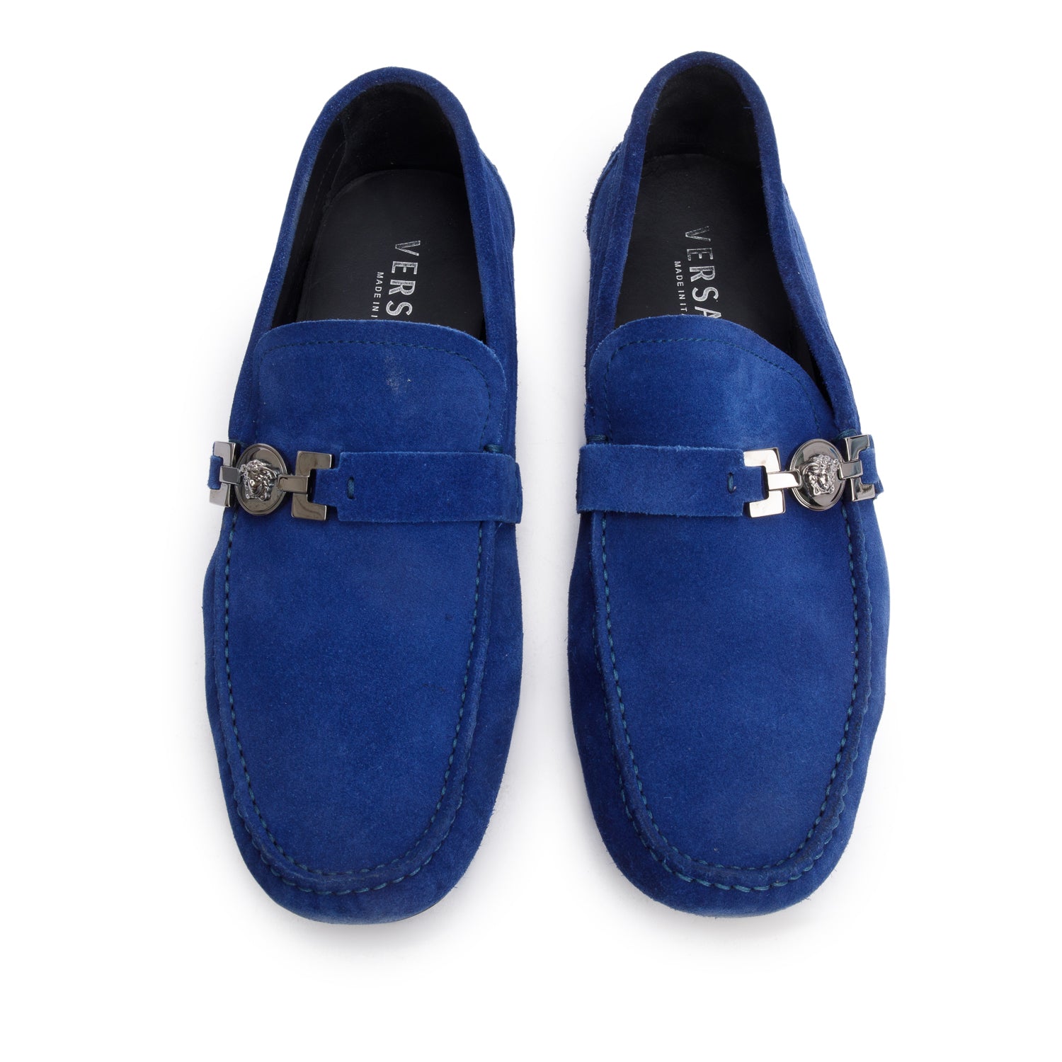 Versace Blue Suede Medusa Biggie Driver Loafers, Men's Size 42 w/ Box