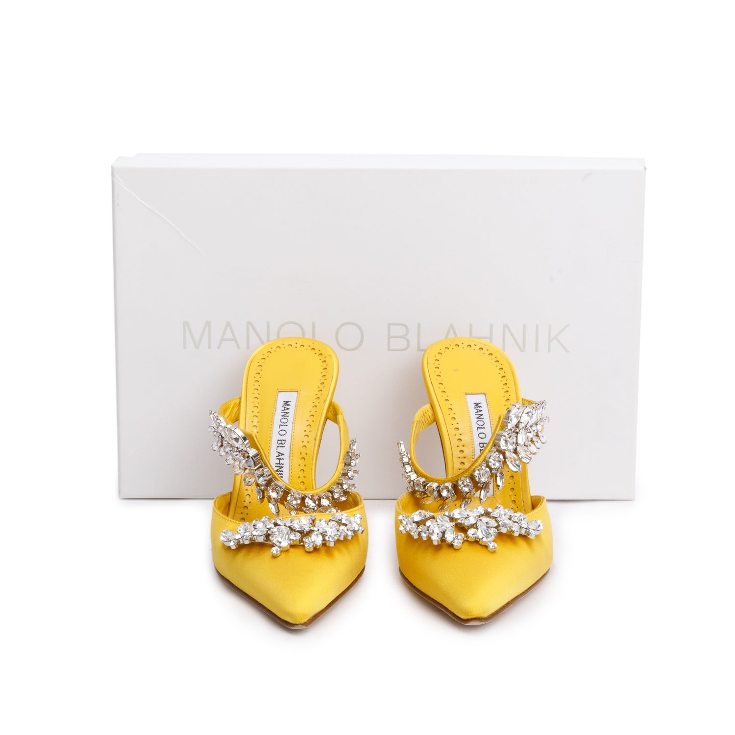 Manolo Blahnik Yellow Satin Crystal Embellised Lurum Pumps, Size 36 w/ Box