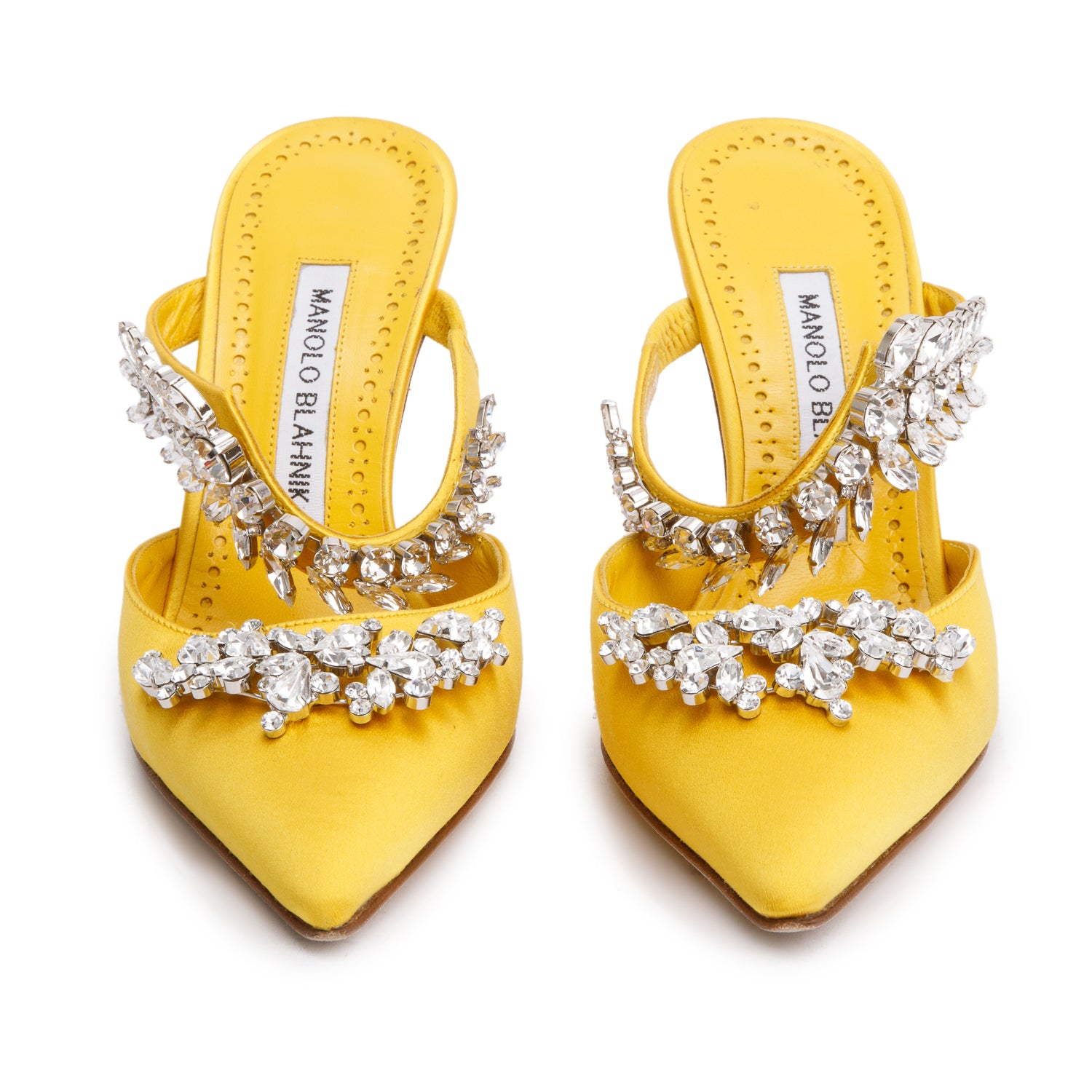 Manolo Blahnik Yellow Satin Crystal Embellised Lurum Pumps, Size 36 w/ Box