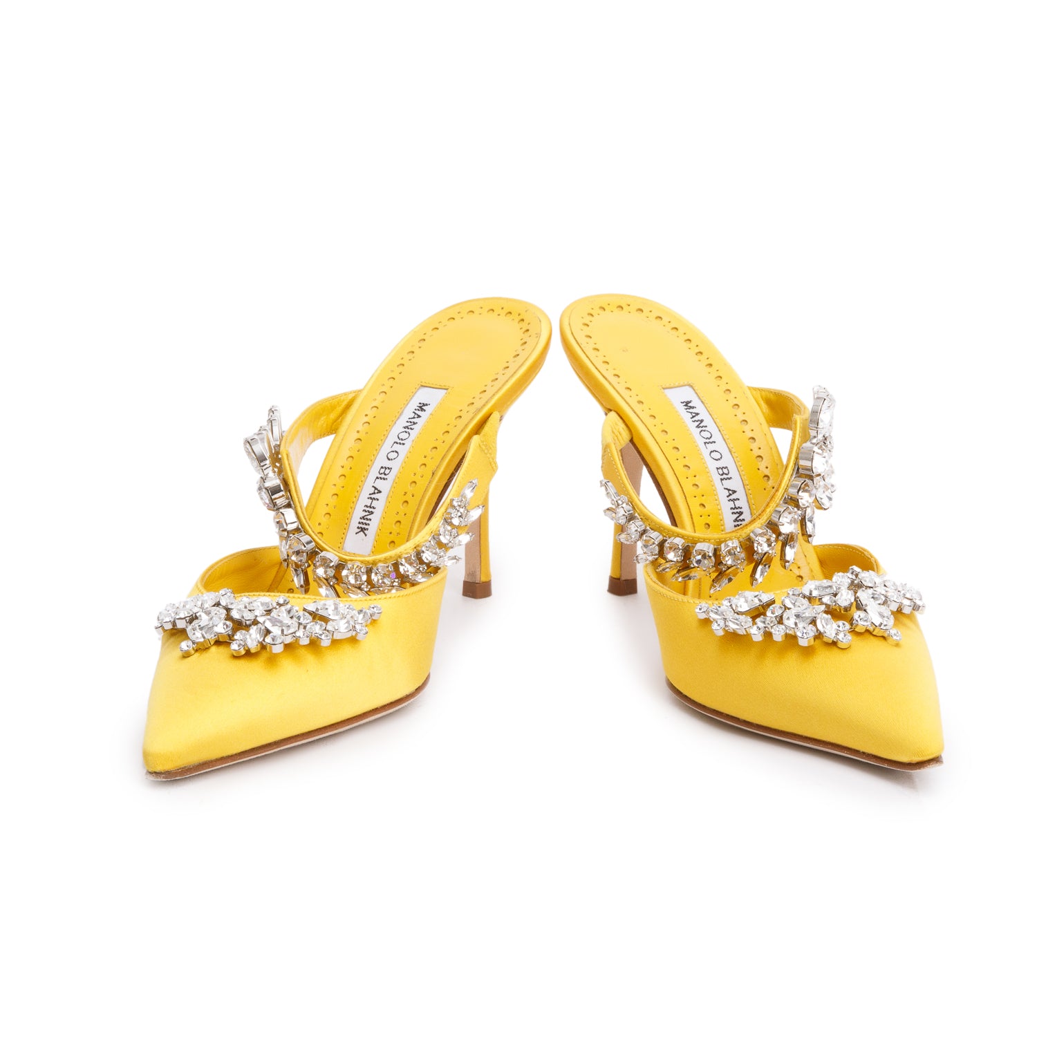Manolo Blahnik Yellow Satin Crystal Embellised Lurum Pumps, Size 36 w/ Box