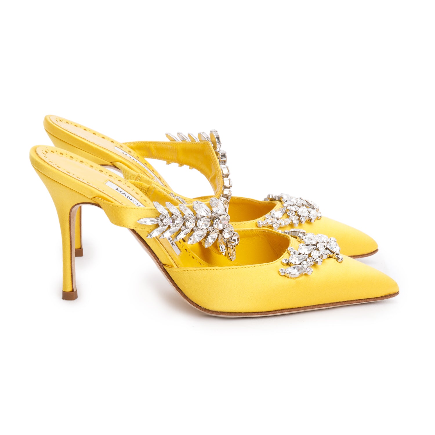 Manolo Blahnik Yellow Satin Crystal Embellised Lurum Pumps, Size 36 w/ Box