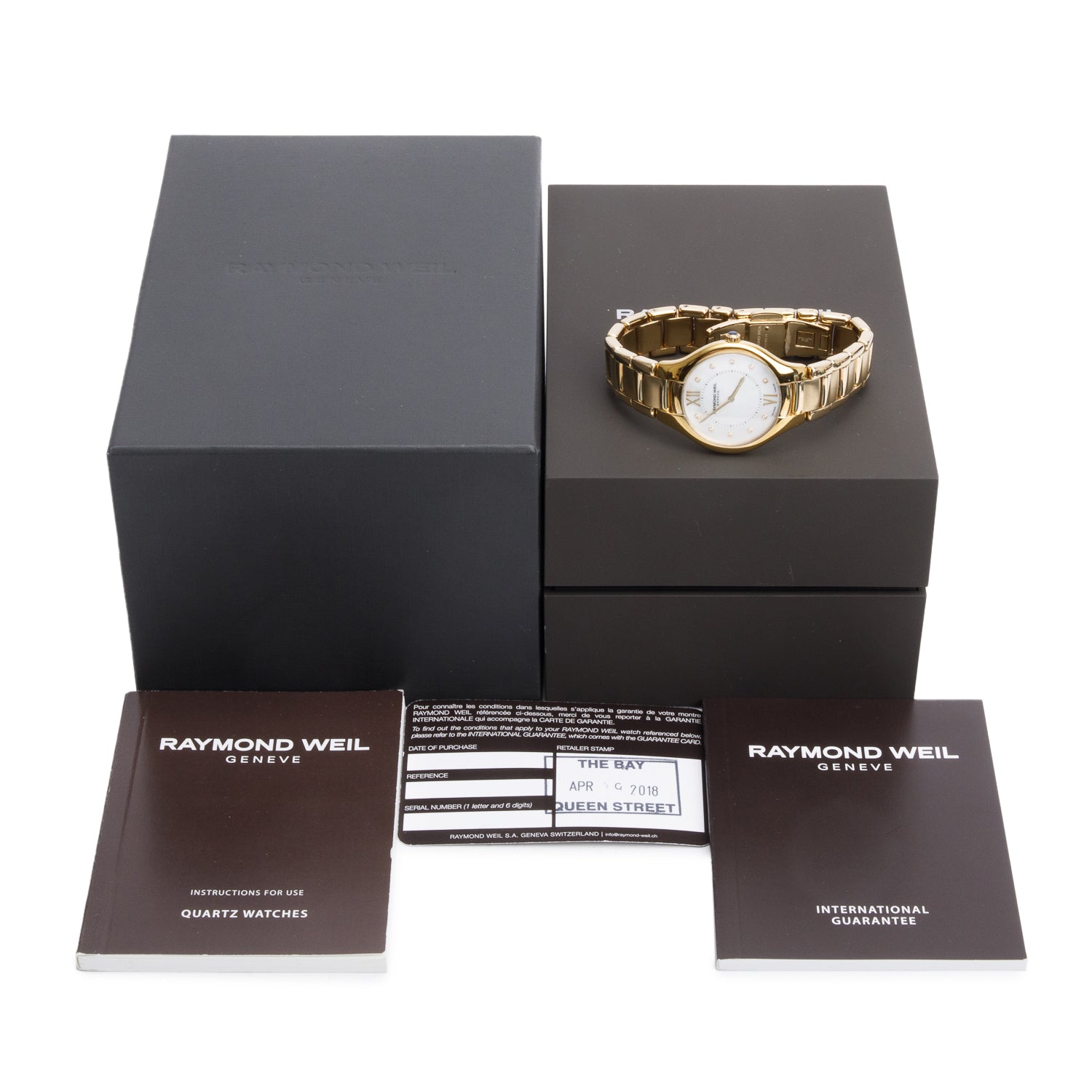 Raymond Weil Gold Plated Stainless Steel 32 MM Noemia Quartz Watch Mother of Pearl Diamond Dial 5132 w/ Box & Papers