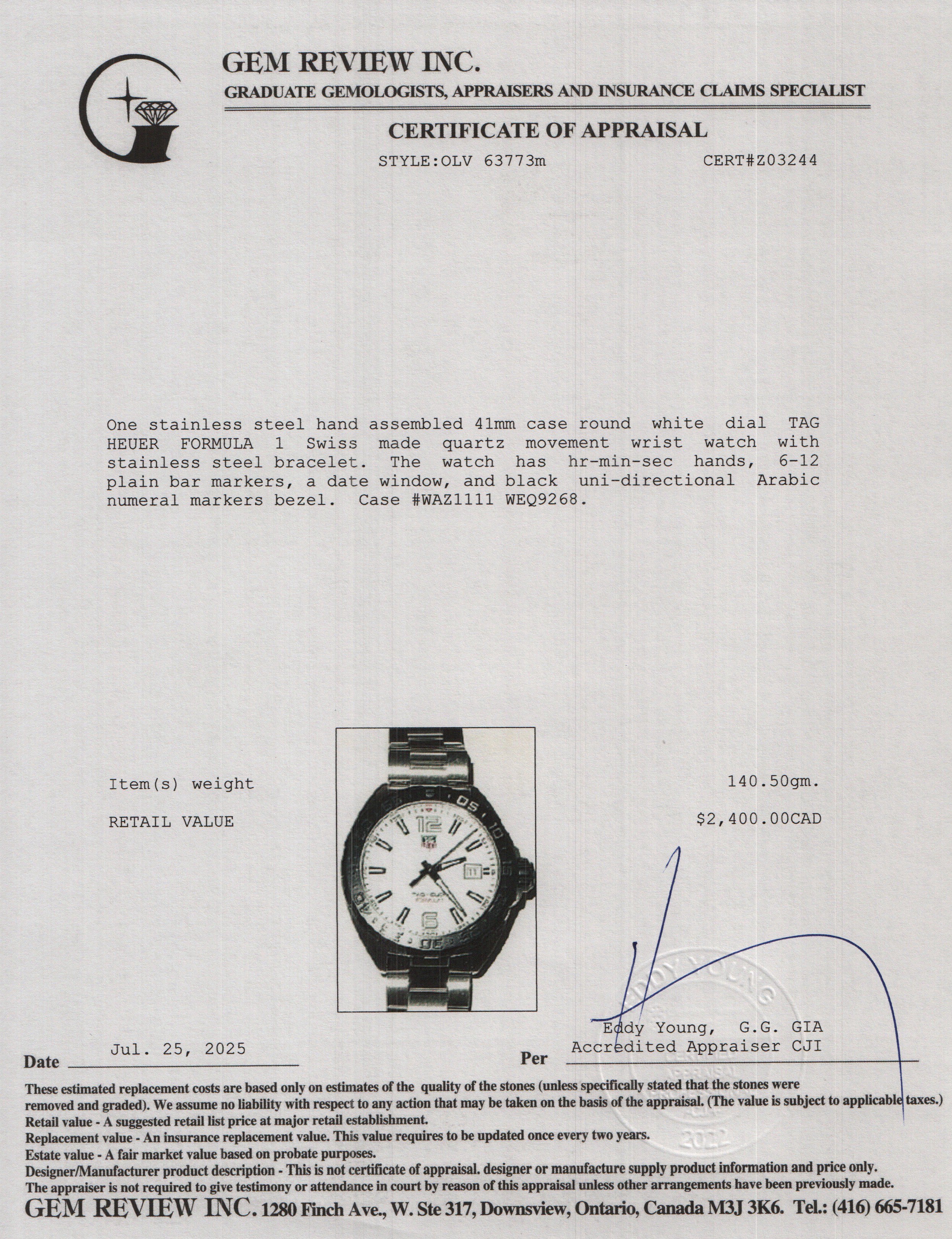 Tag Heuer Stainless Steel Formula 1 41 MM Quartz Watch WAZ1111 w/ Box & Papers