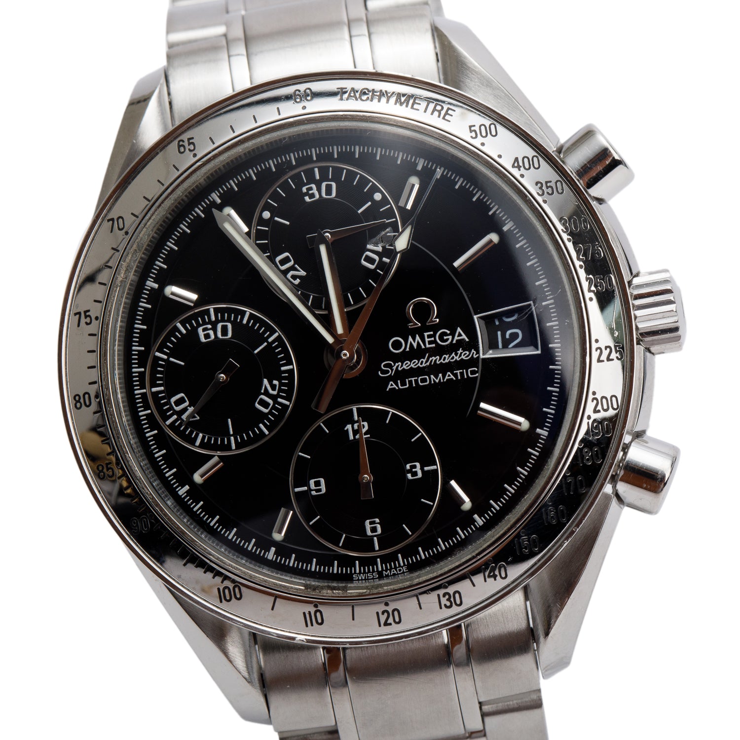 Omega Stainless Steel Speedmaster Date 39 MM Automatic Chronograph Watch Black Dial w/ Papers