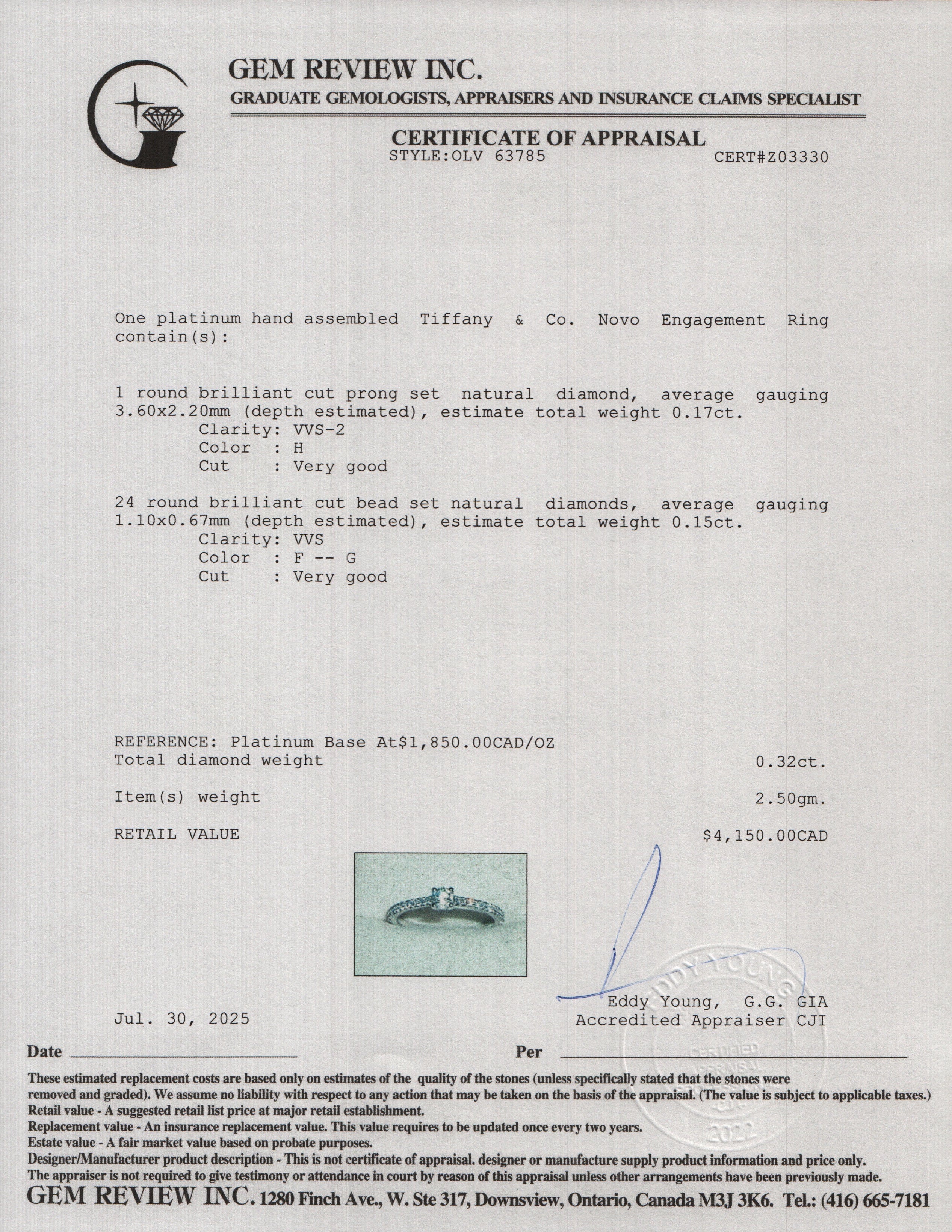 Tiffany & Co. Platinum 0.17 ct. Diamond Novo Engagement Ring, Size 5.5