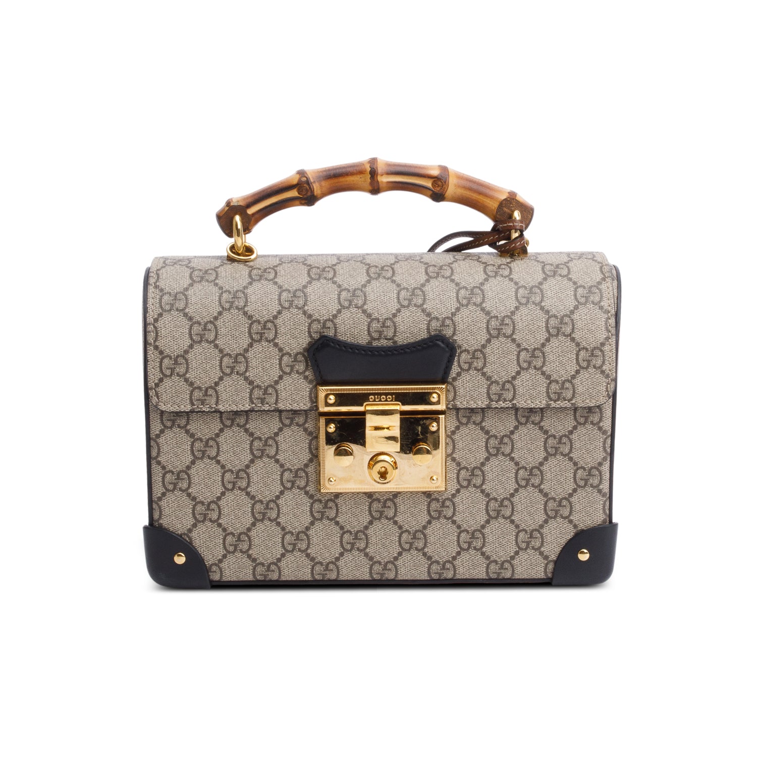 Gucci GG Supreme Brown Leather Trim Small Padlock Bamboo Handle Bag w/ Strap