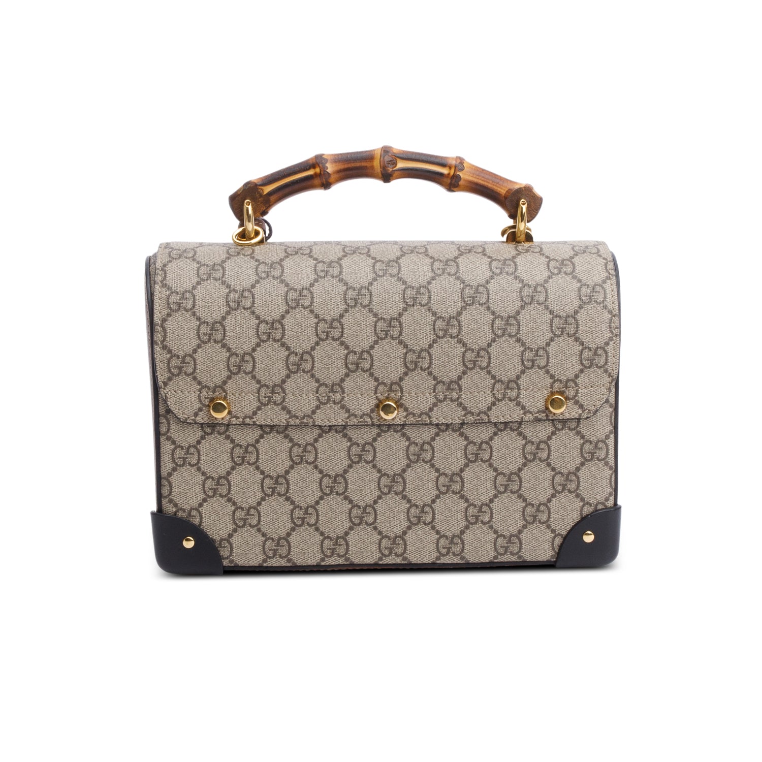 Gucci GG Supreme Brown Leather Trim Small Padlock Bamboo Handle Bag w/ Strap