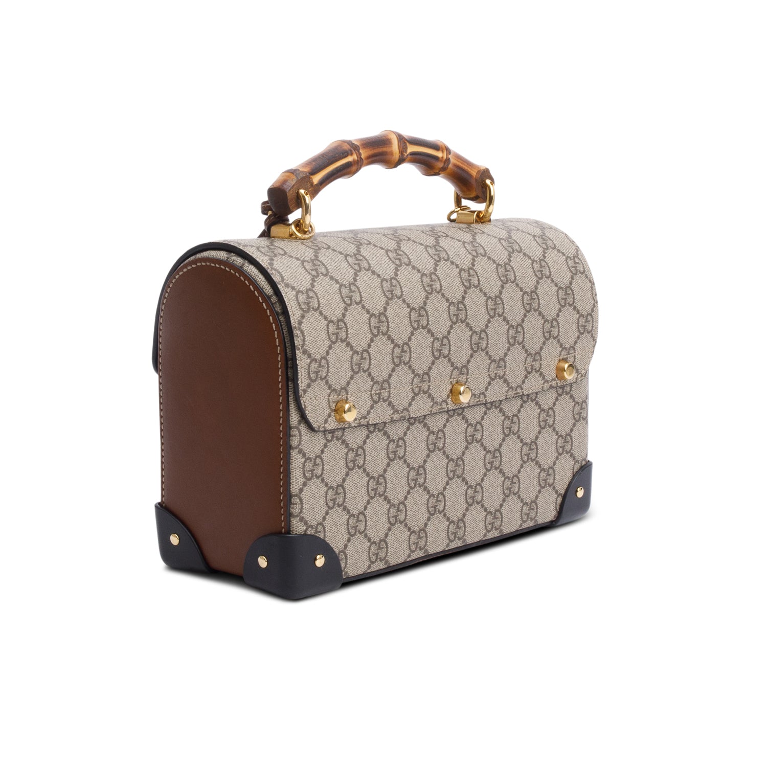 Gucci GG Supreme Brown Leather Trim Small Padlock Bamboo Handle Bag w/ Strap
