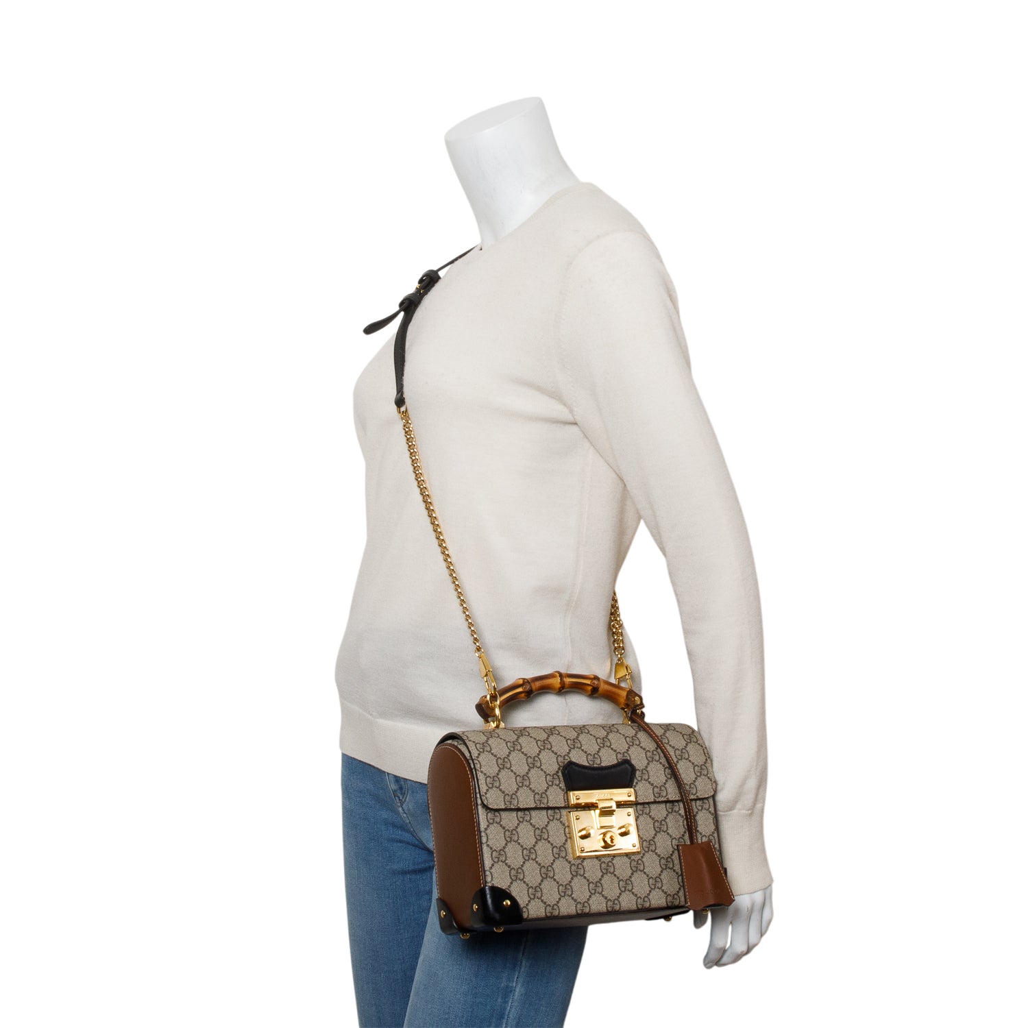 Gucci GG Supreme Brown Leather Trim Small Padlock Bamboo Handle Bag w/ Strap