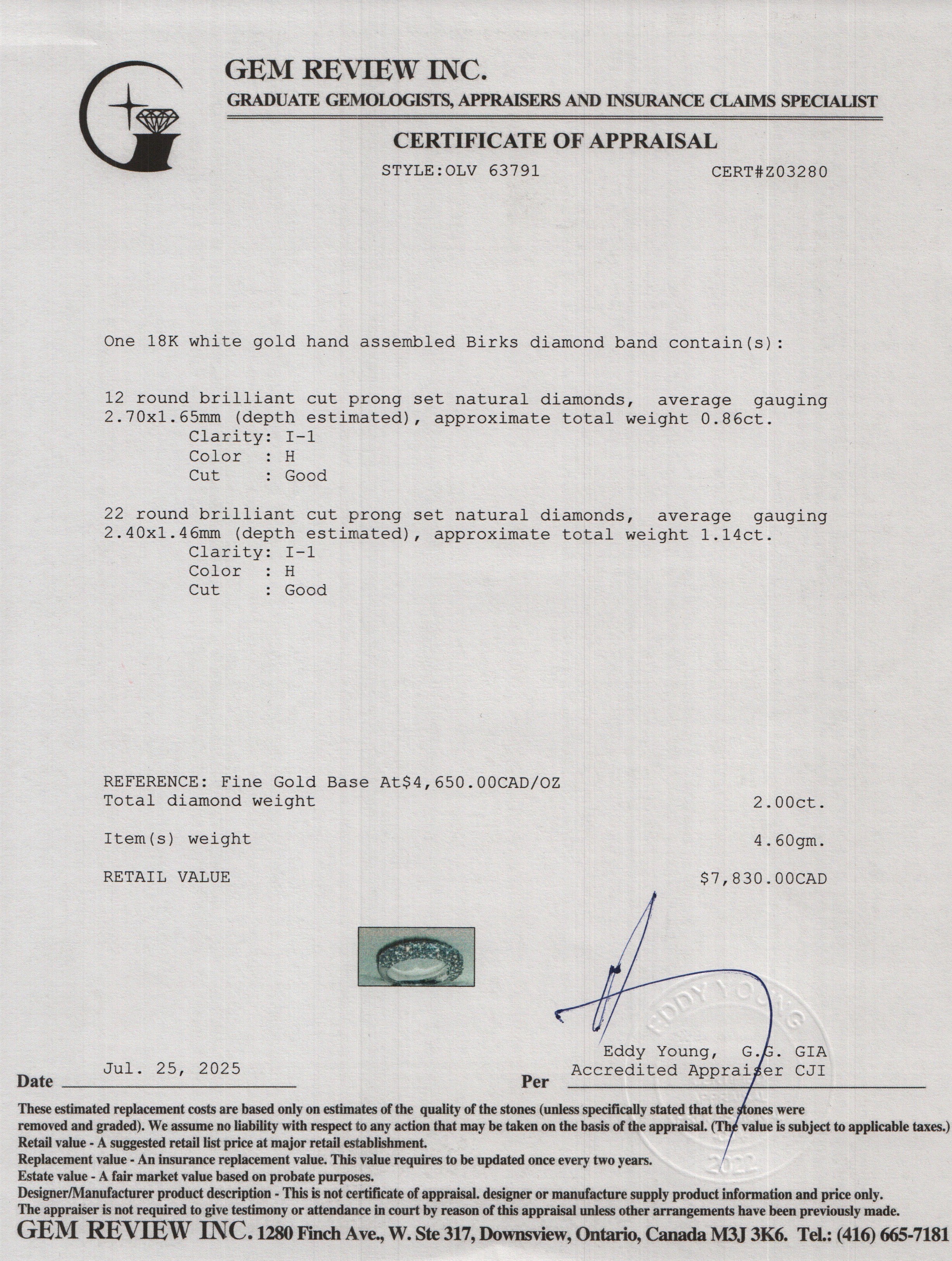 Birks 18k White Gold 2.00 tcw. Diamond Band, Size 5.5 w/ Box