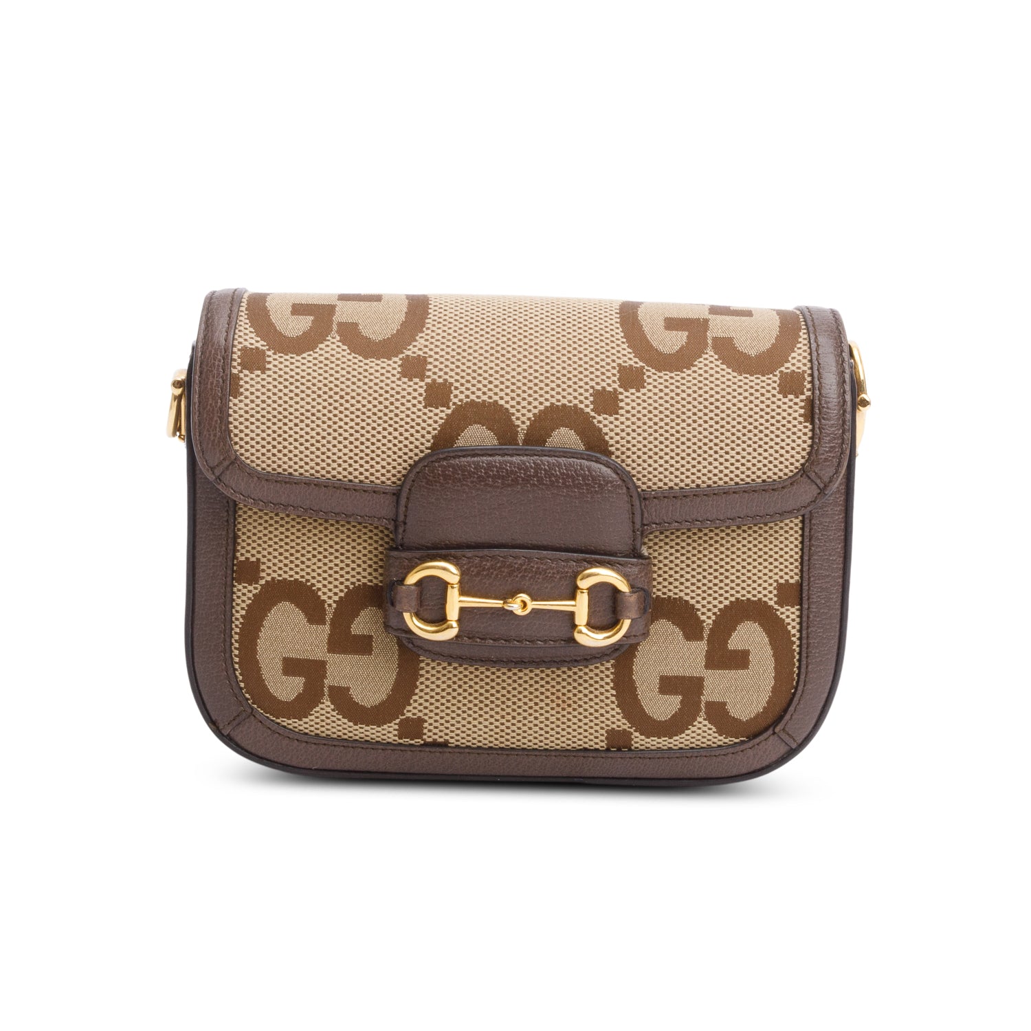 Gucci Jumbo GG Canvas Brown Leather Trim Horsebit 1955 Small Shoulder Bag  w/ Straps