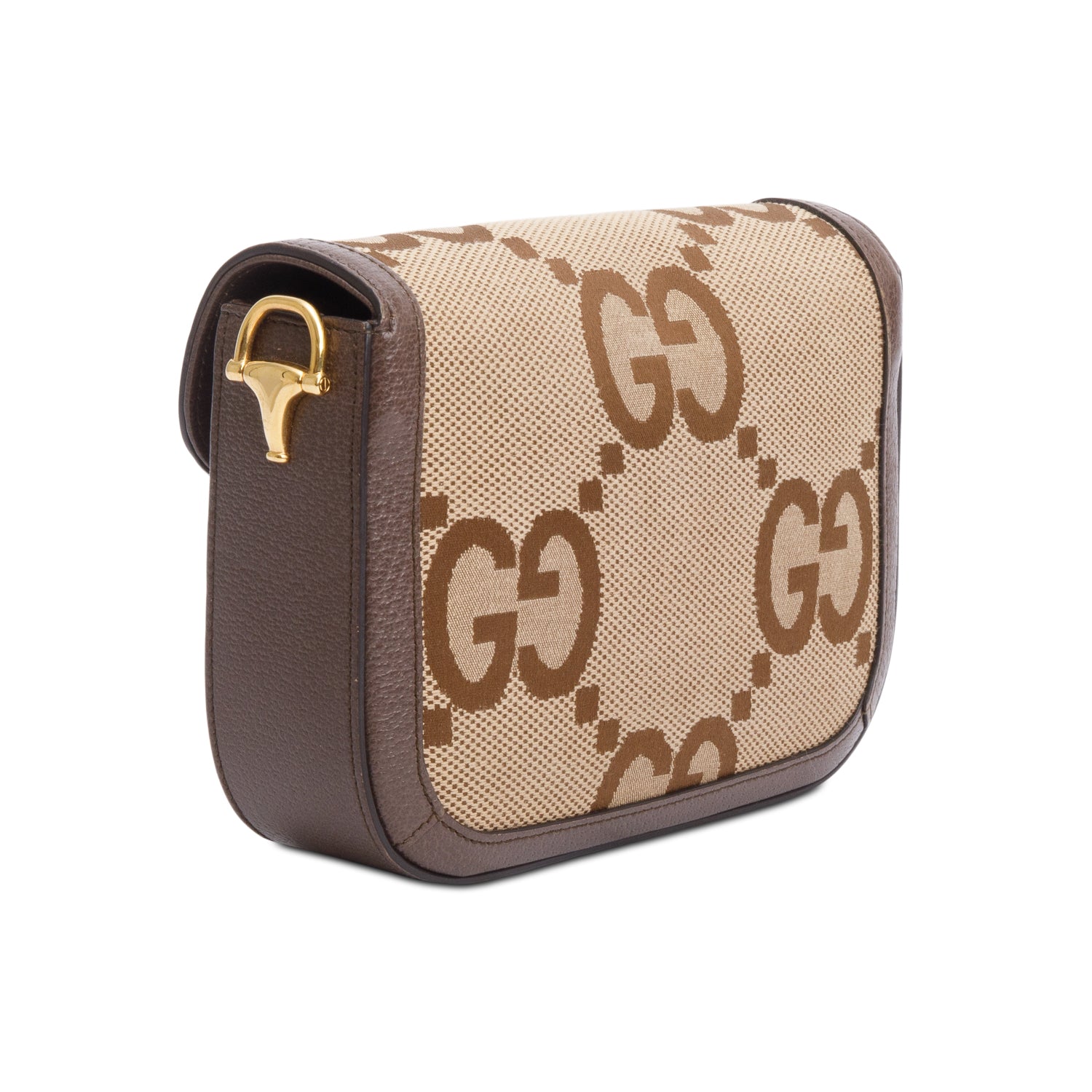 Gucci Jumbo GG Canvas Brown Leather Trim Horsebit 1955 Small Shoulder Bag  w/ Straps