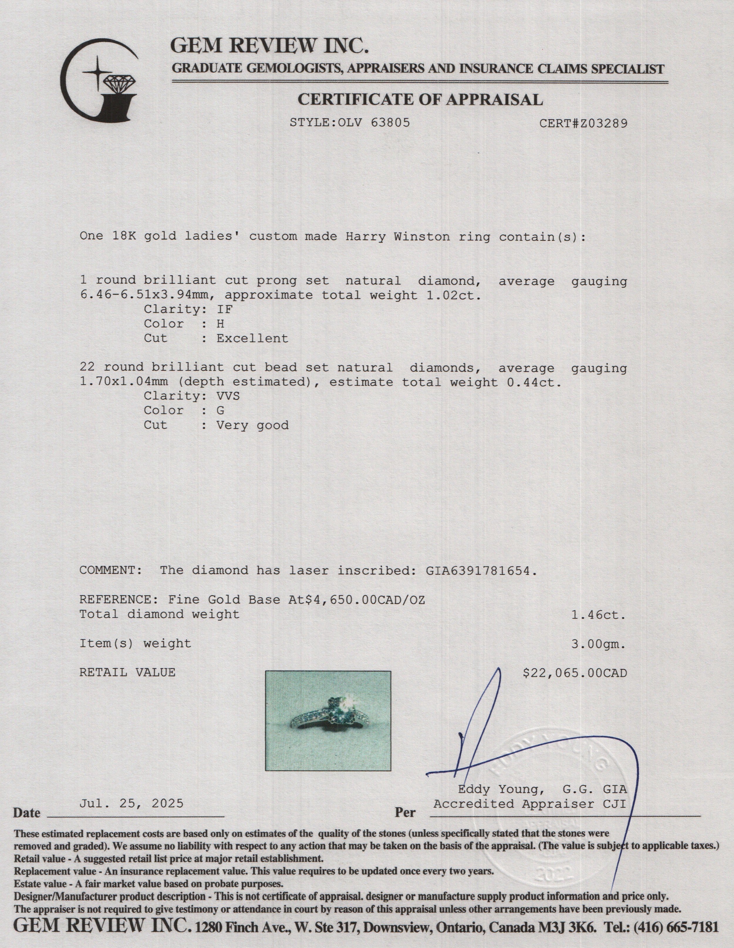 Harry Winston 18k White Gold 1.46 tcw. Diamond Engagement Ring, Size 5