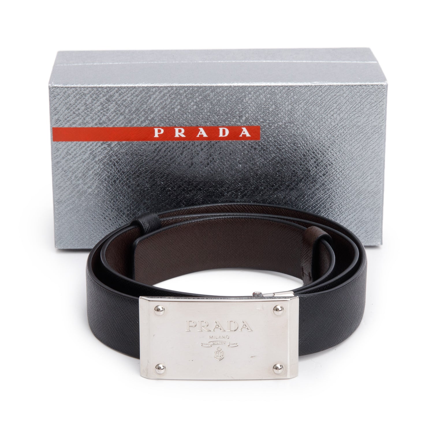 Prada Black/Brown Leather Rectangle Buckle Reversible Belt 85 34 w/ Box