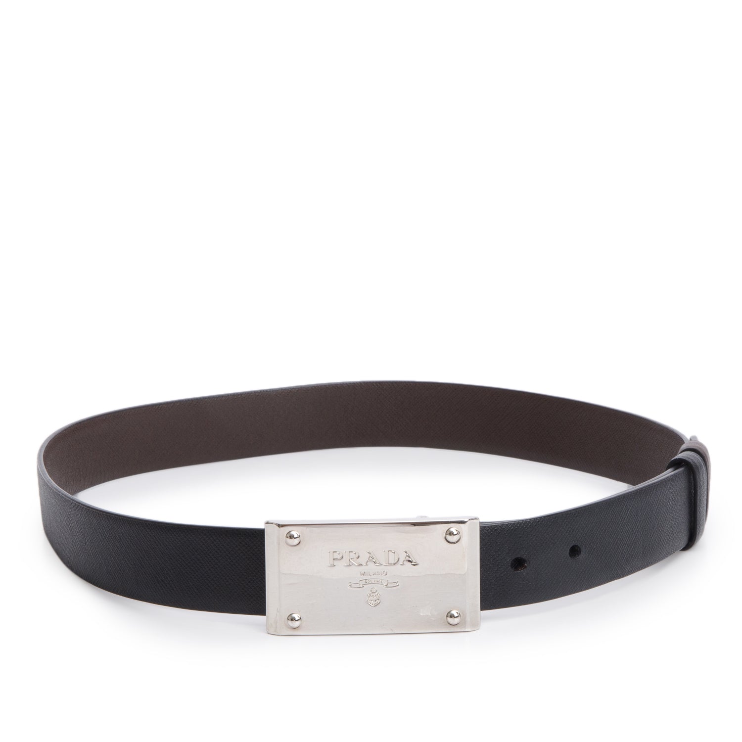 Prada Black/Brown Leather Rectangle Buckle Reversible Belt 85 34 w/ Box