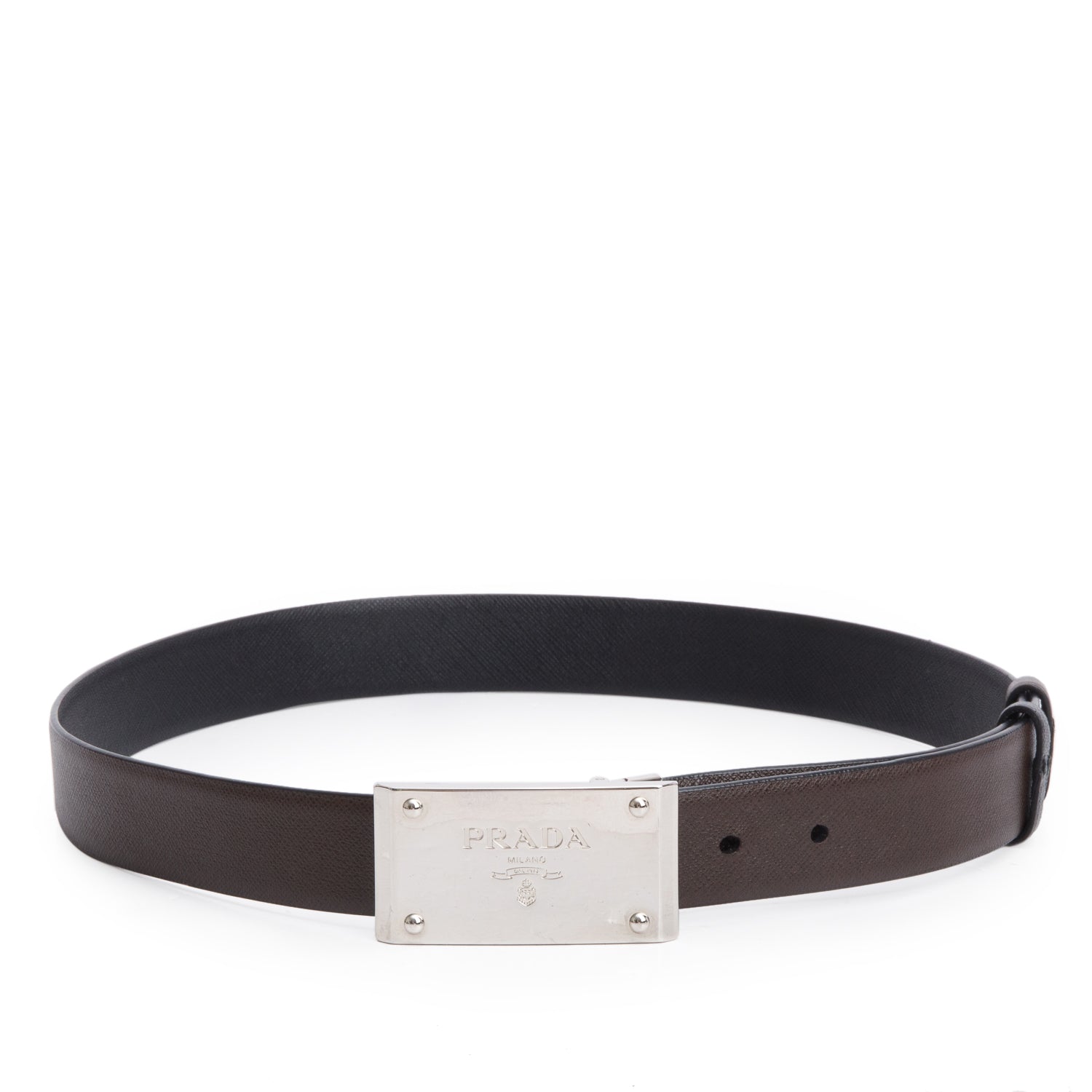 Prada Black/Brown Leather Rectangle Buckle Reversible Belt 85 34 w/ Box