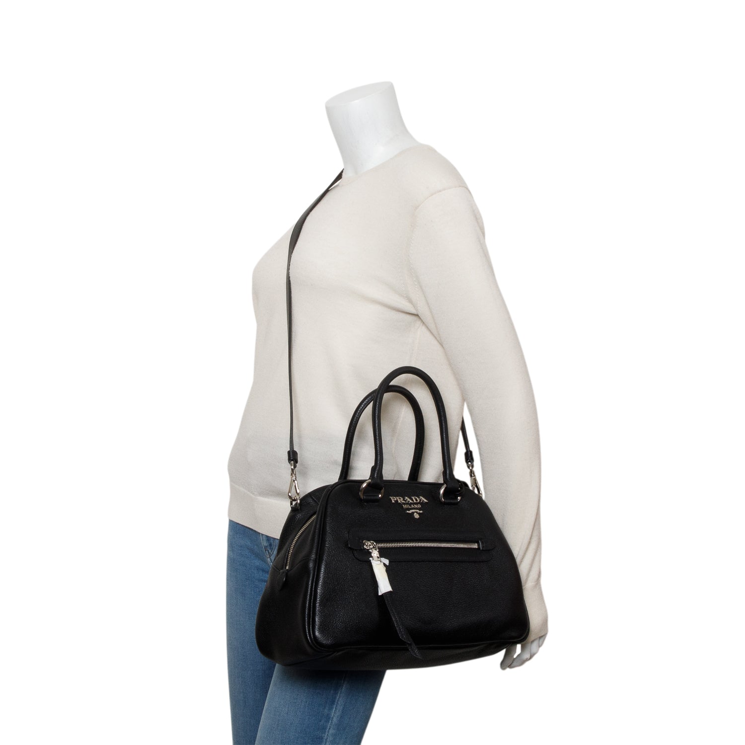 Prada Black Vitello Phenix Leather Convertible Bowling Bag/ Strap & Authenticity Card