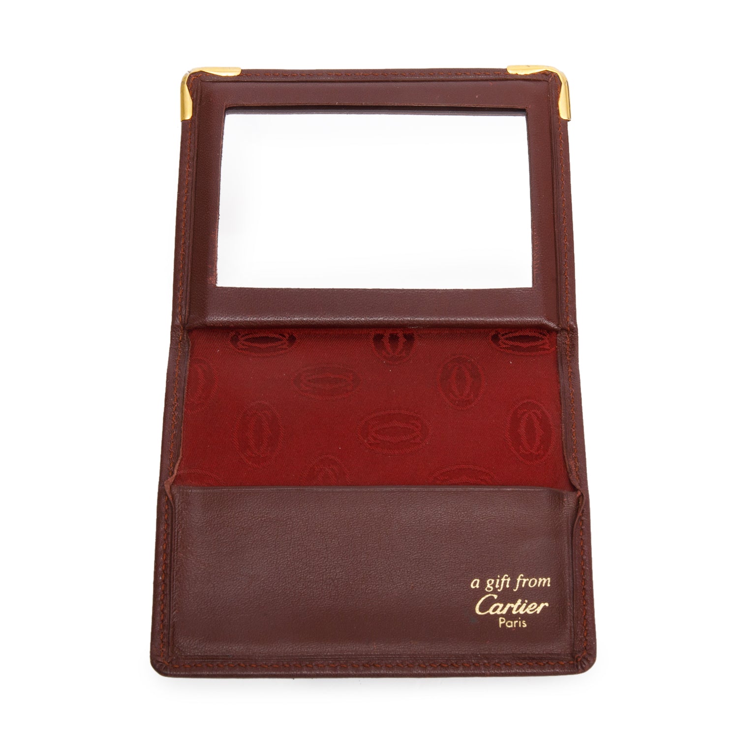 Cartier Burgundy Calfskin Leather C De Cartier Compact Mirror Card Case w/ Box