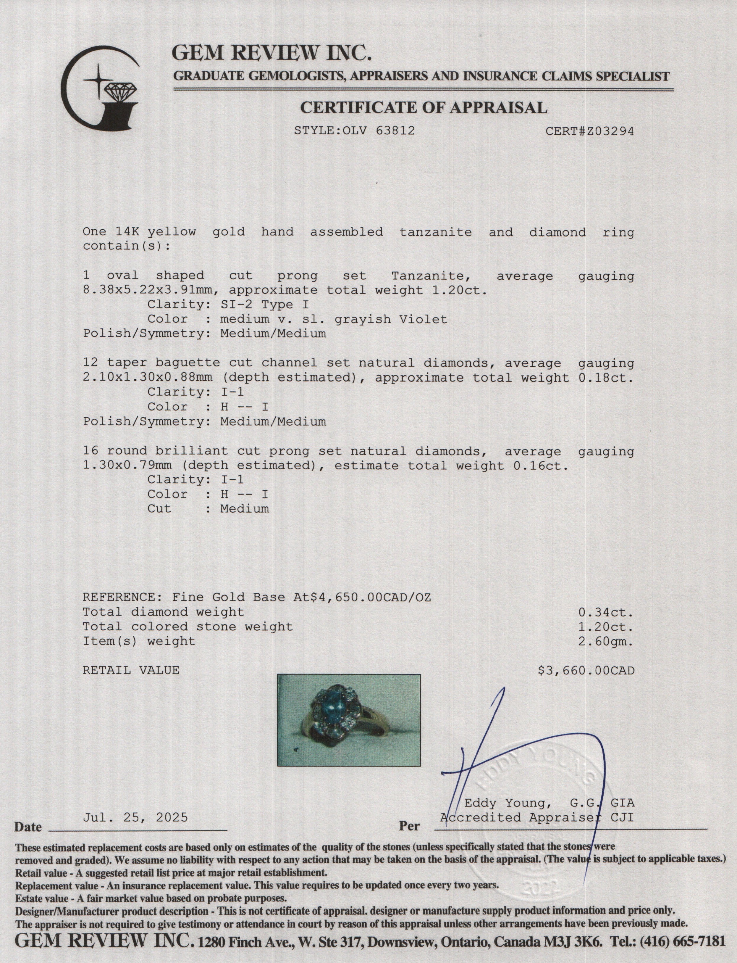 14k Yellow Gold Tanzanite & Diamond Ring, Size 6