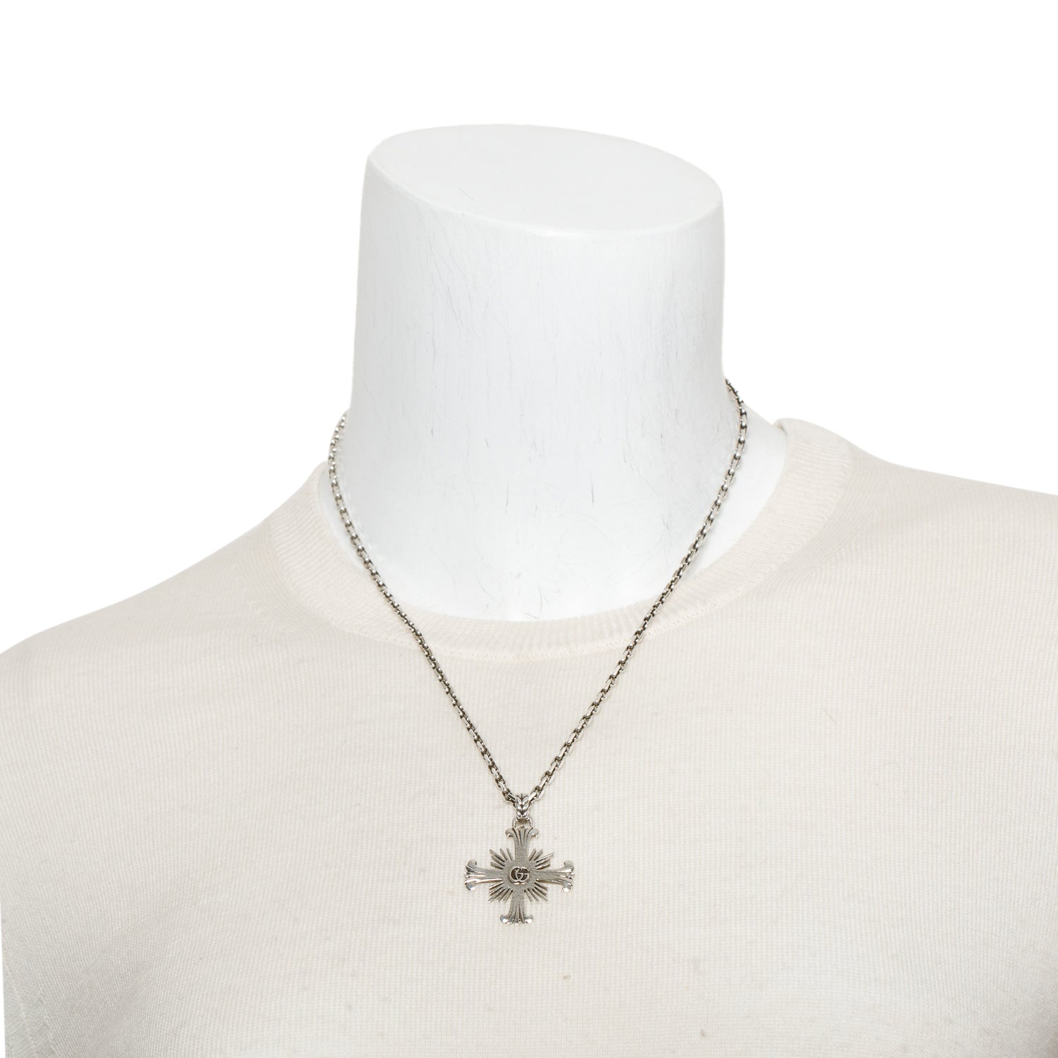 Gucci Sterling Silver Floral Cross Pendant Necklace