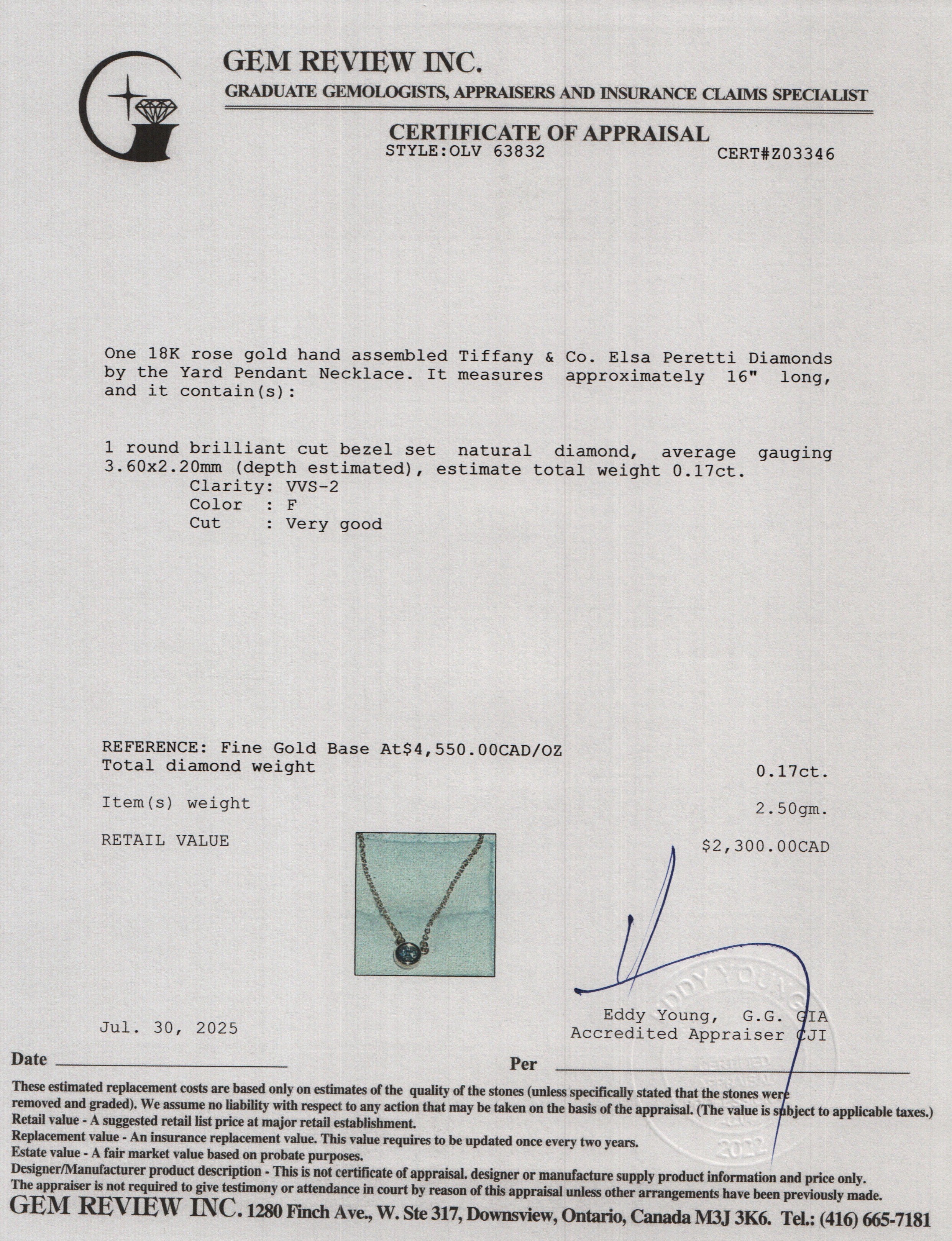 Tiffany & Co. Elsa Peretti 18k Rose Gold 0.17 ct. Diamonds by the Yard Pendant Necklace w/ Box & Receipt