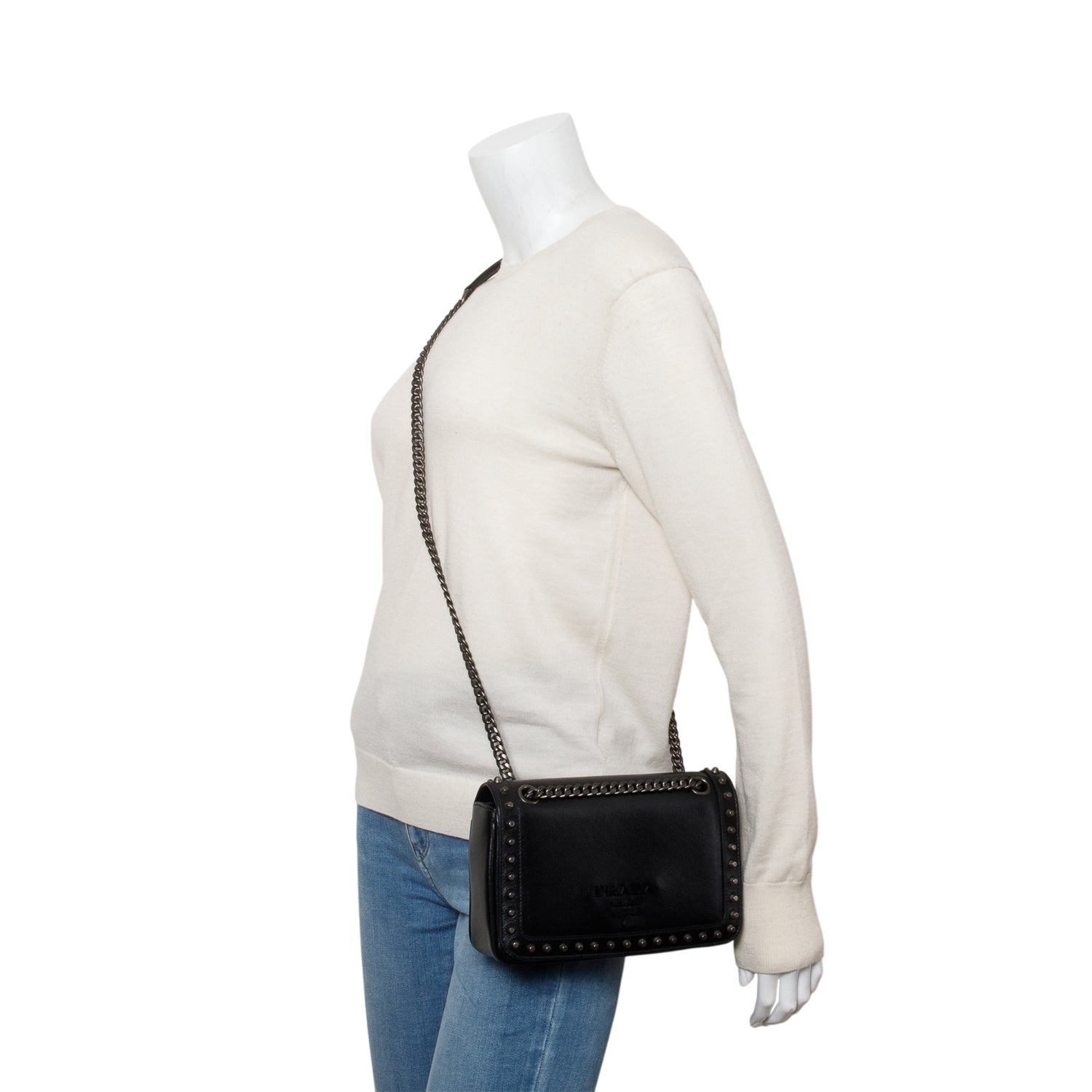 Prada Black Pattina Glace Calf Studded Crossbody Bag w/ Authenticity Card