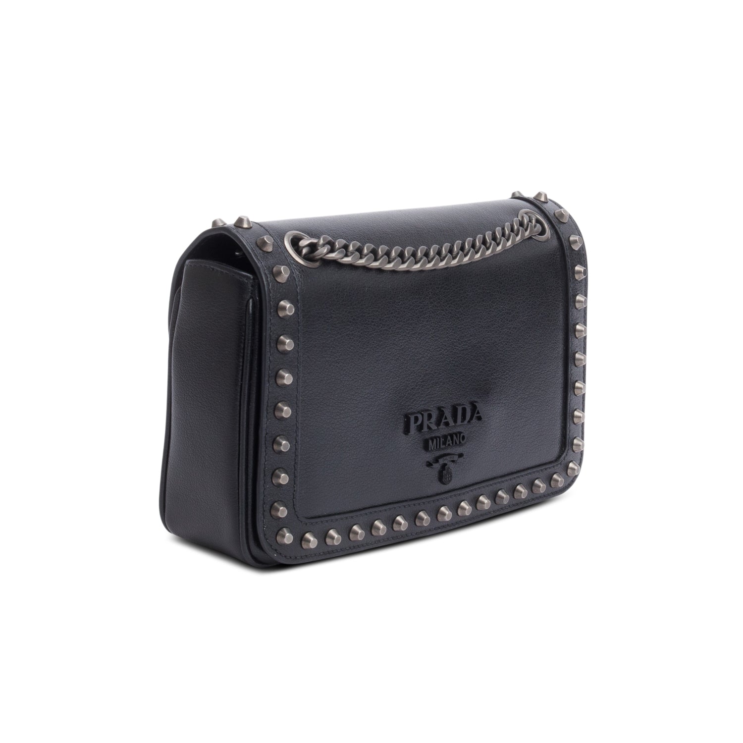 Prada Black Pattina Glace Calf Studded Crossbody Bag w/ Authenticity Card
