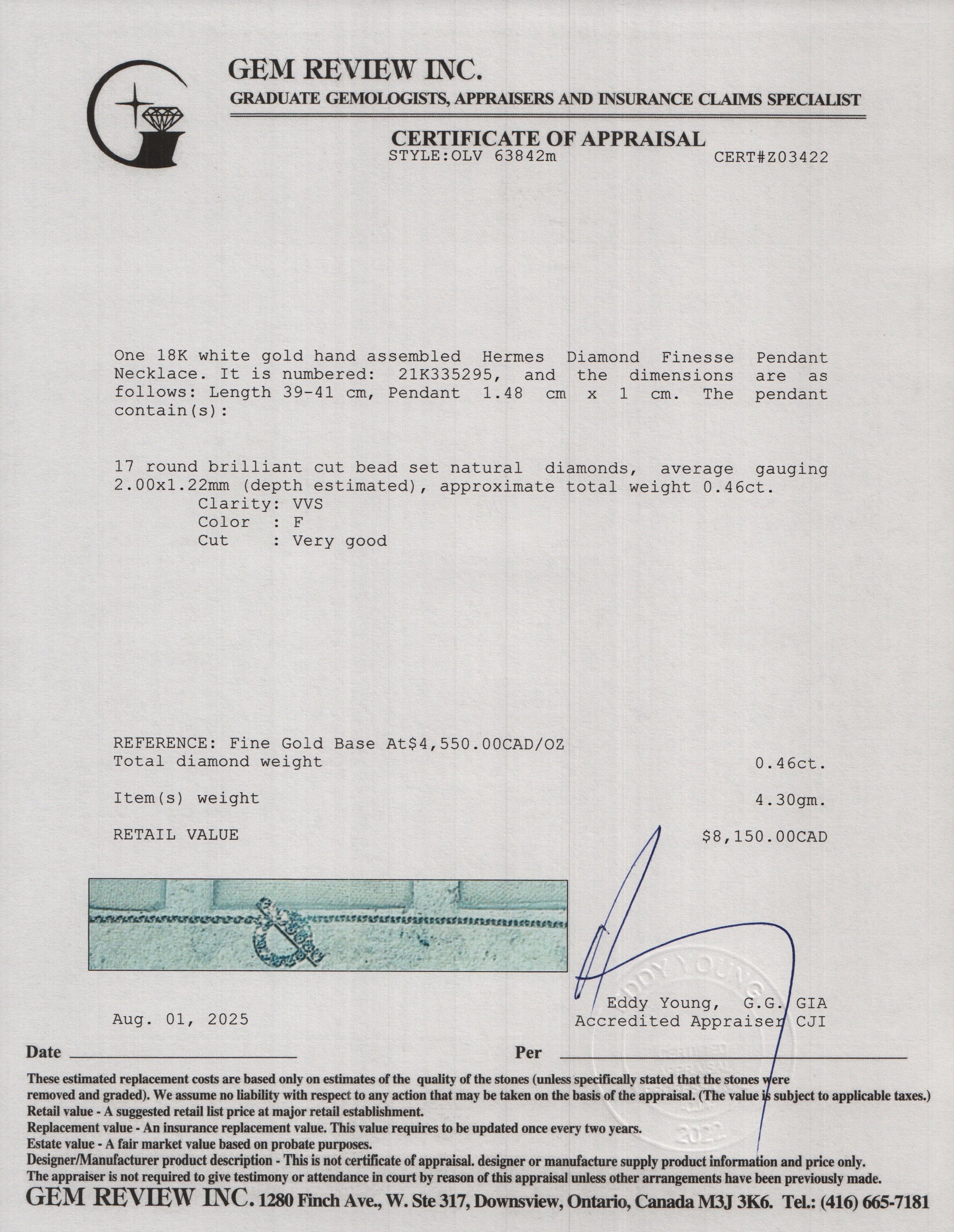 Hermes 18k White Gold Diamond Finesse Pendant Necklace w/ Box & Receipt