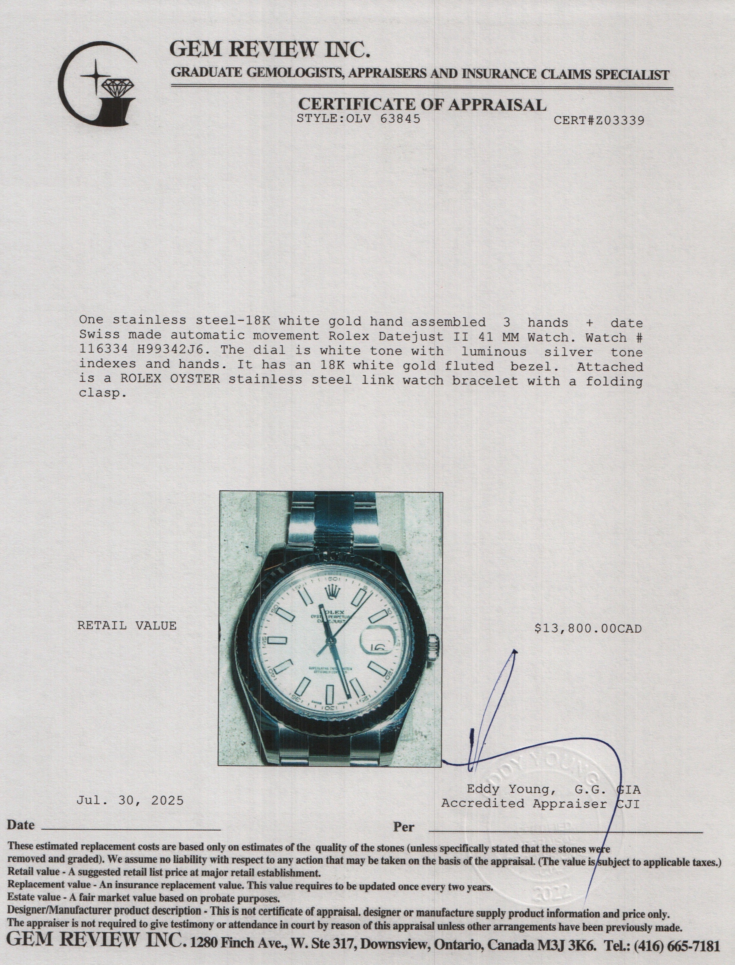 Rolex Stainless Steel Datejust II 41 MM Automatic Watch White Dial 116334 w/ Box & Papers