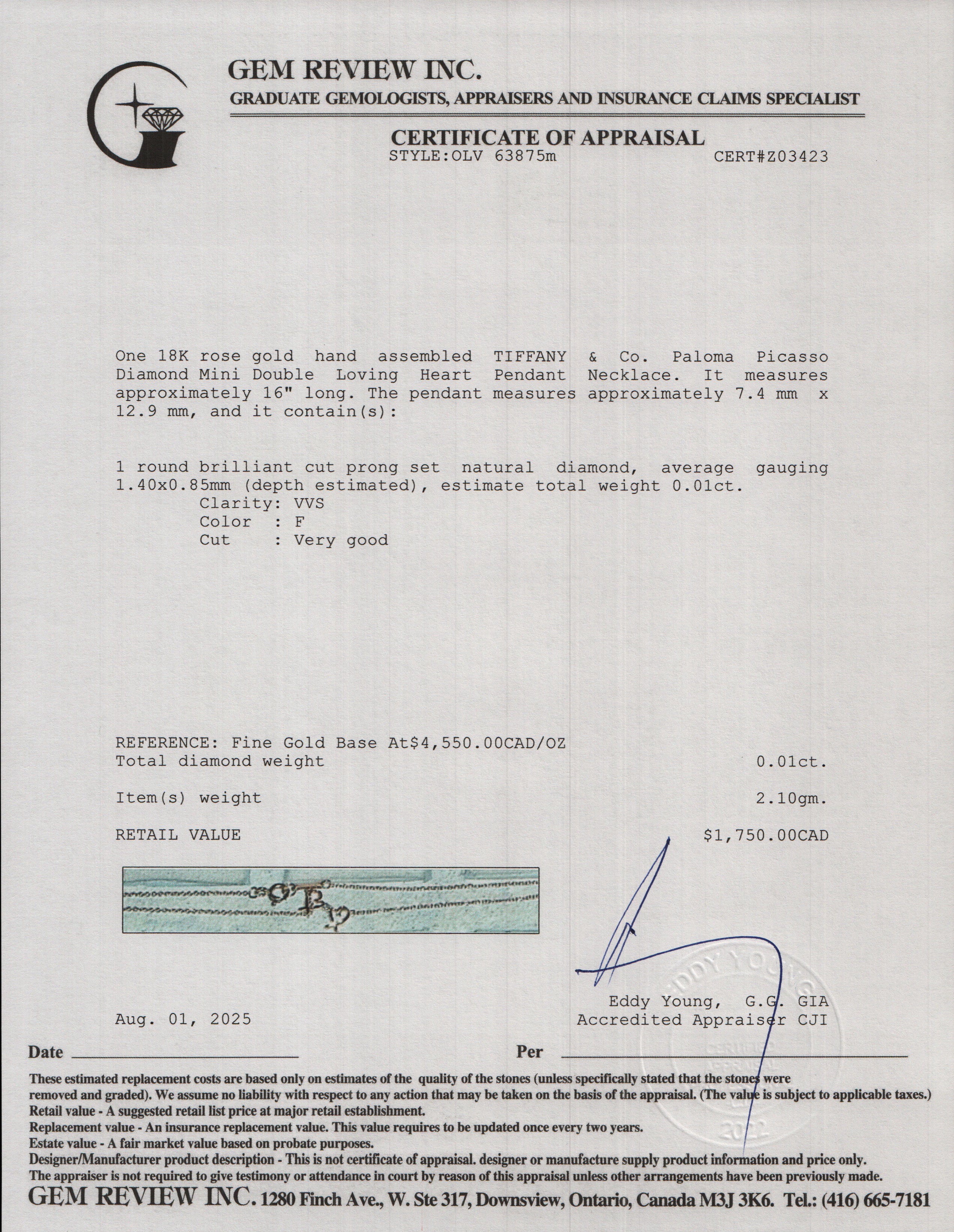 Tiffany & Co. Paloma Picasso 18k Rose Gold Diamond Mini Double Loving Heart Pendant Necklace w/ Box & Receipt