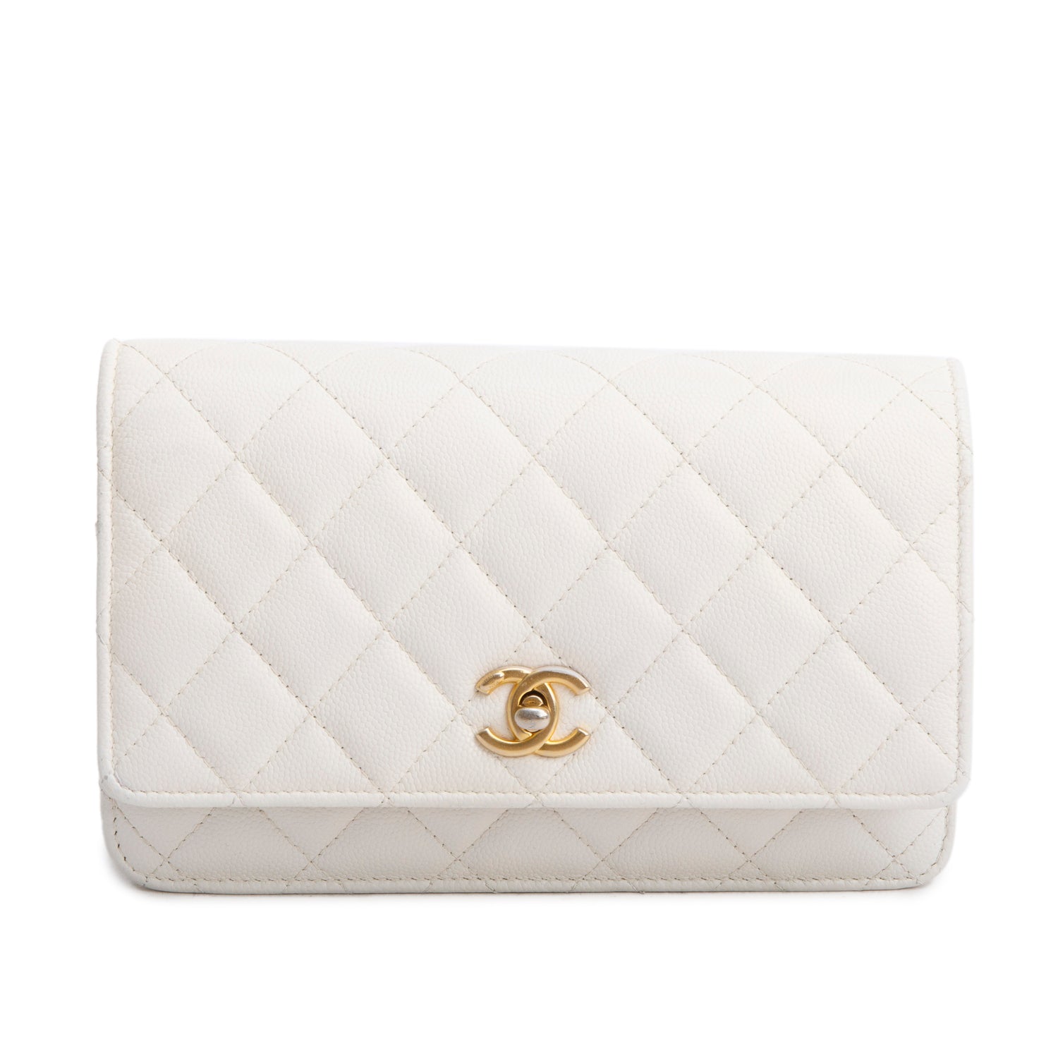 Chanel White Caviar Quilted Twist Your Buttons Wallet on Chain