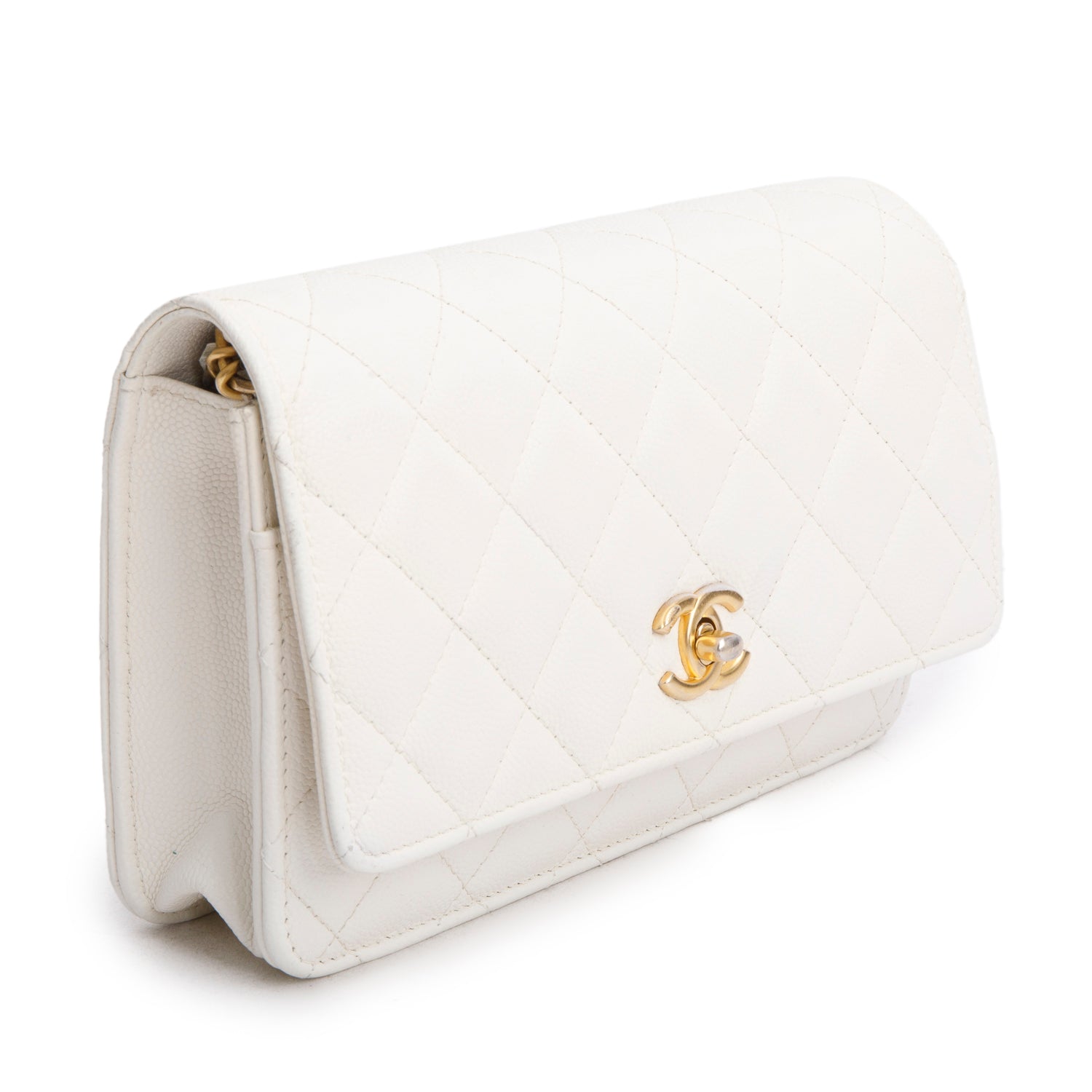 Chanel White Caviar Quilted Twist Your Buttons Wallet on Chain