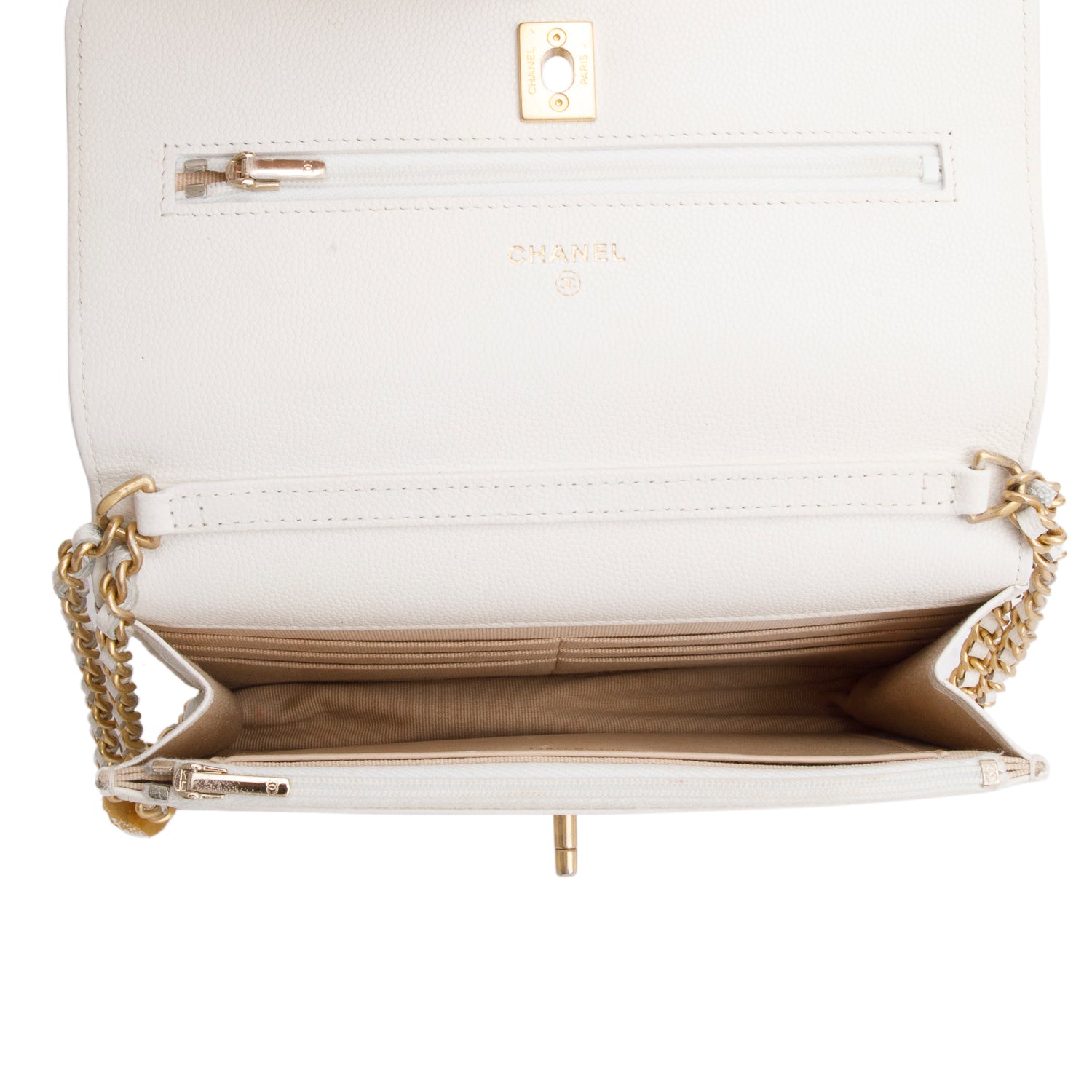 Chanel White Caviar Quilted Twist Your Buttons Wallet on Chain