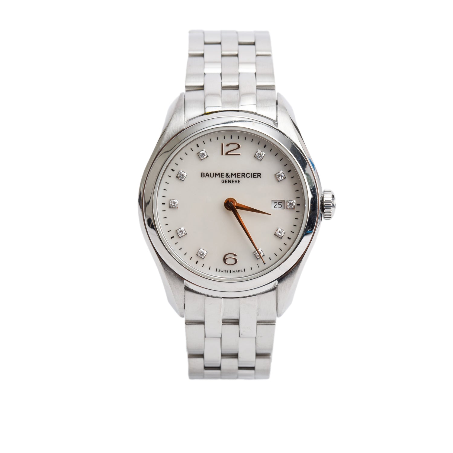 Baume & Mercier Stainless Steel Clifton 30 MM Quartz Watch Mother of Pearl Diamond Dial w/ Box