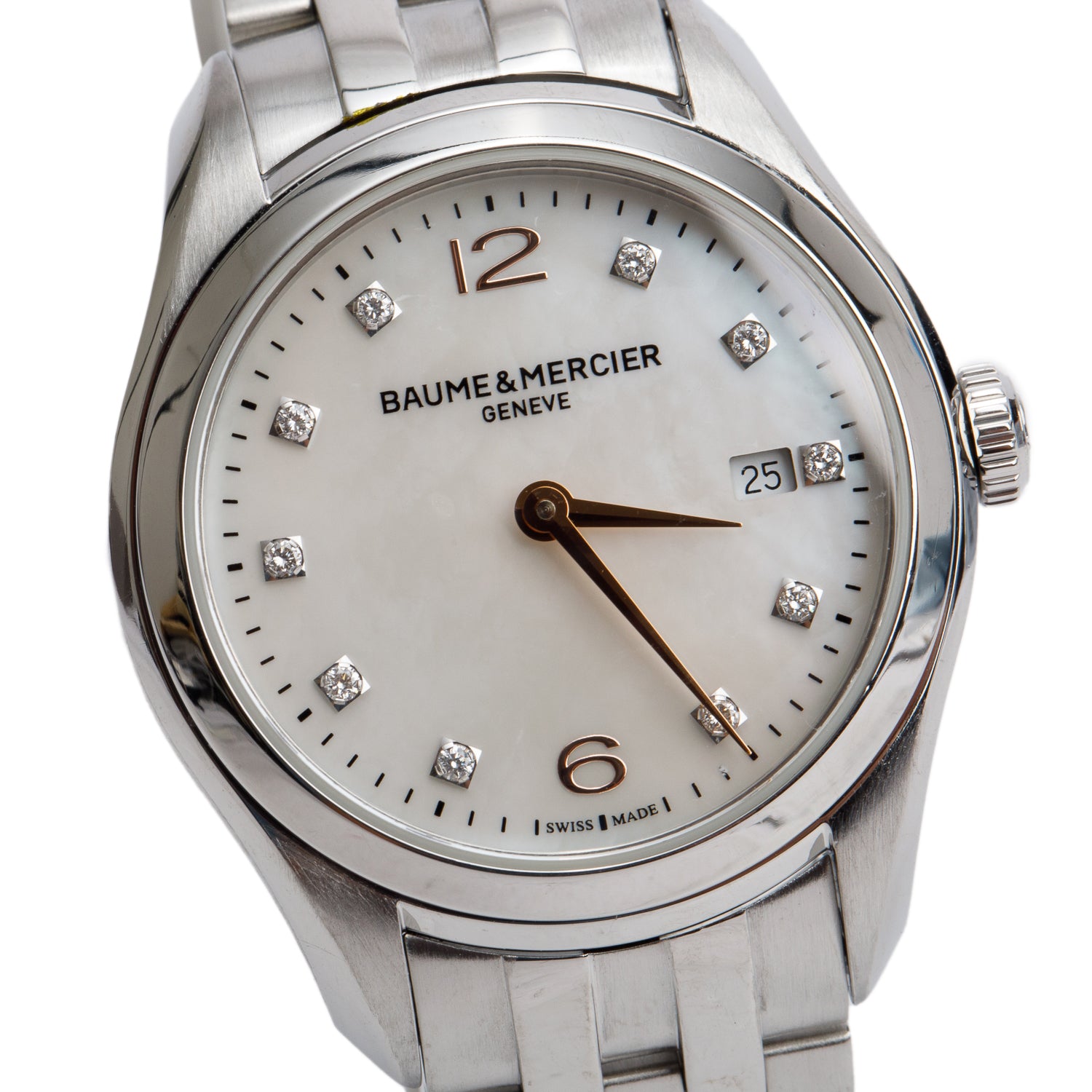 Baume & Mercier Stainless Steel Clifton 30 MM Quartz Watch Mother of Pearl Diamond Dial w/ Box