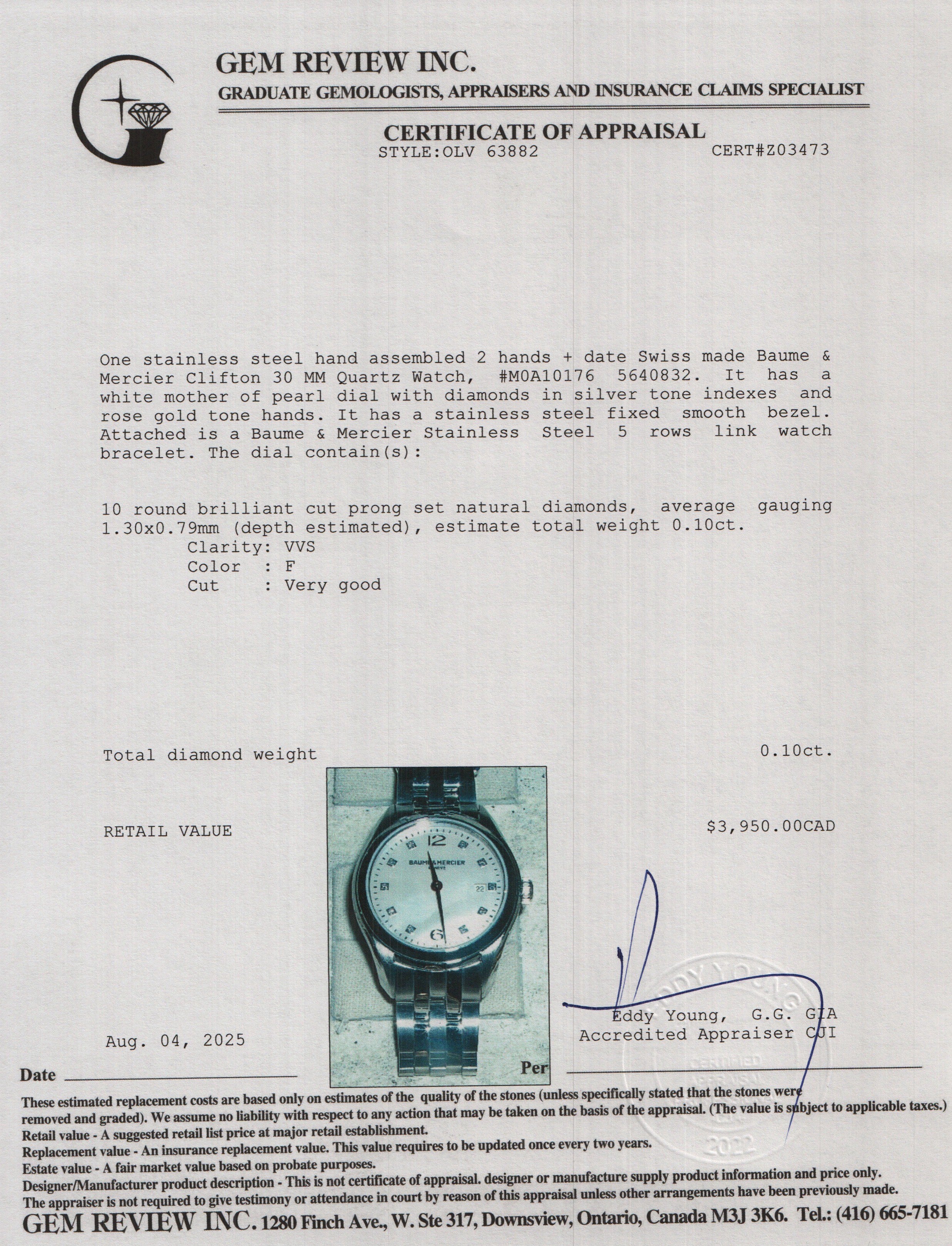 Baume & Mercier Stainless Steel Clifton 30 MM Quartz Watch Mother of Pearl Diamond Dial w/ Box