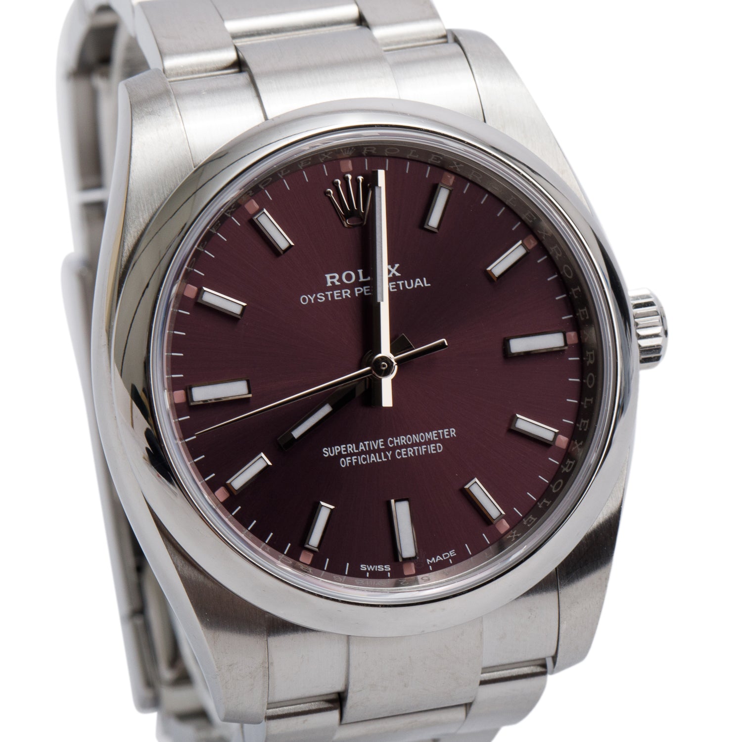 Rolex Stainless Steel Oyster Perpetual 34 MM Automatic Watch Red Grape Dial 114200 w/ Box & Papers