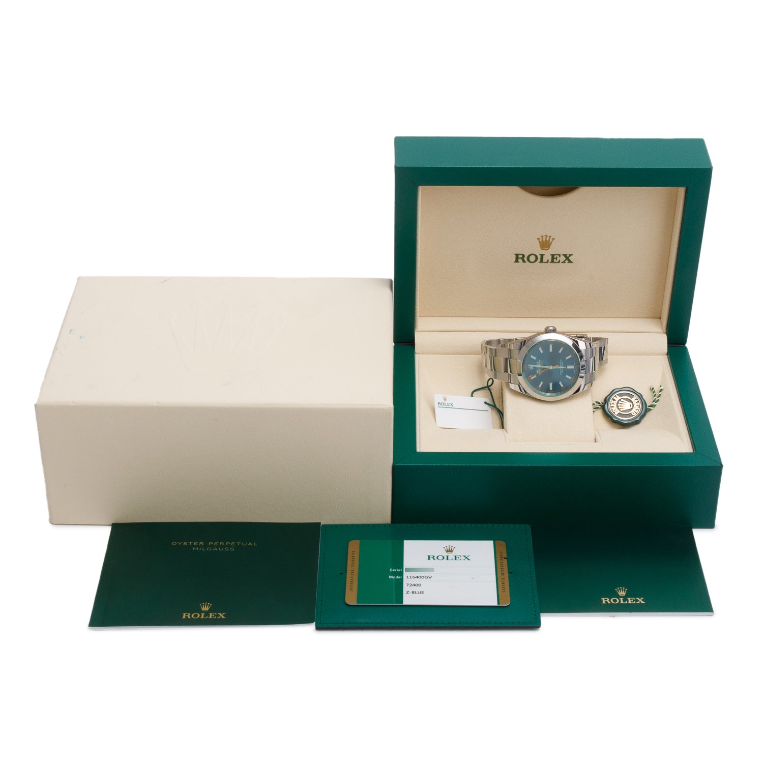 Rolex Stainless Steel Milgauss Green Crystal 40 MM Watch Z Blue Dial 116400GV w/ Box & Papers