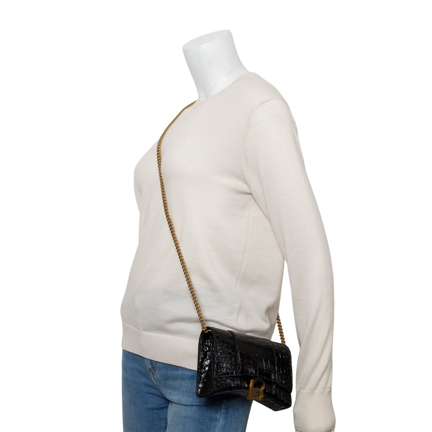 Balenciaga Black Shiny Calfskin Croc Embossed Hourglass Wallet on Chain