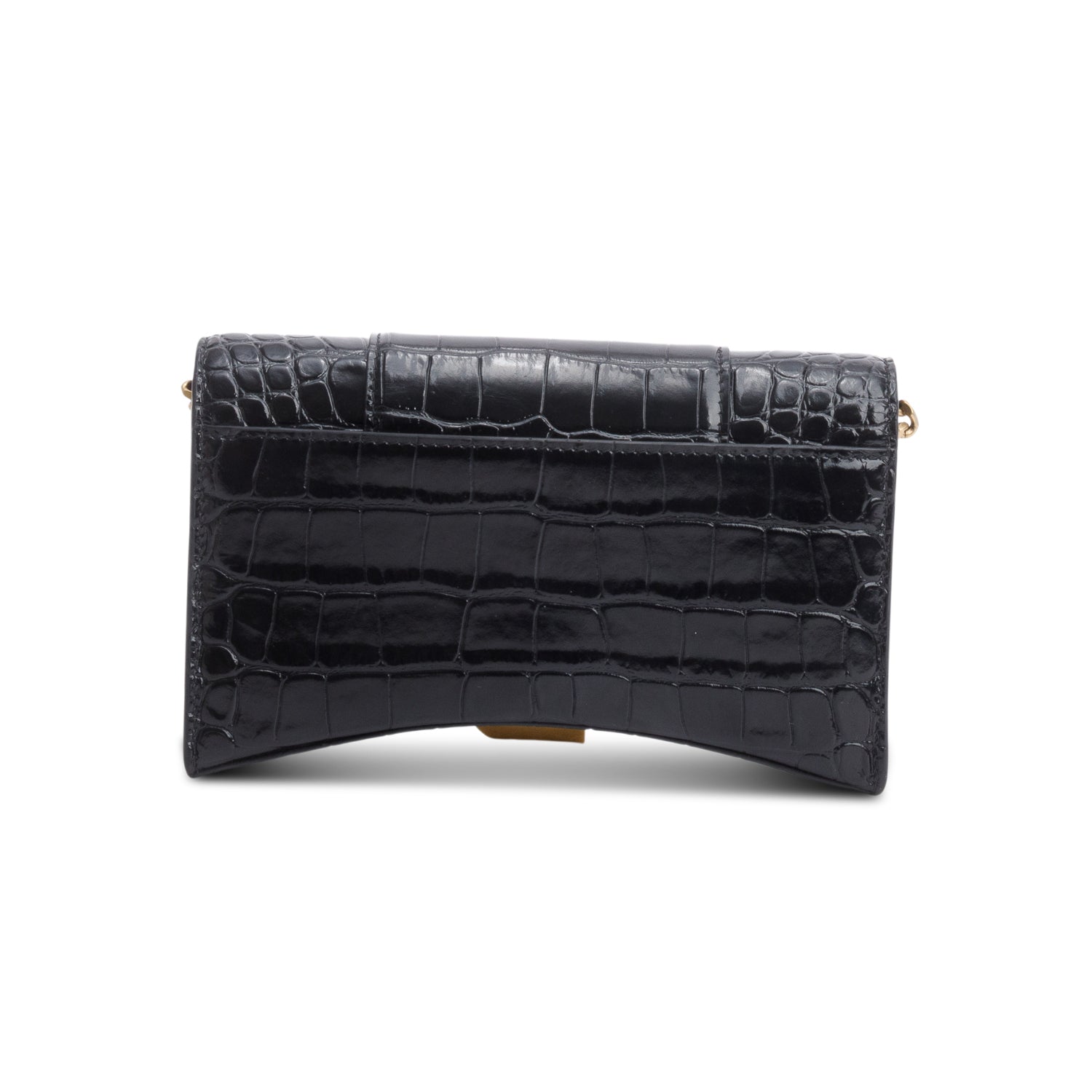 Balenciaga Black Shiny Calfskin Croc Embossed Hourglass Wallet on Chain