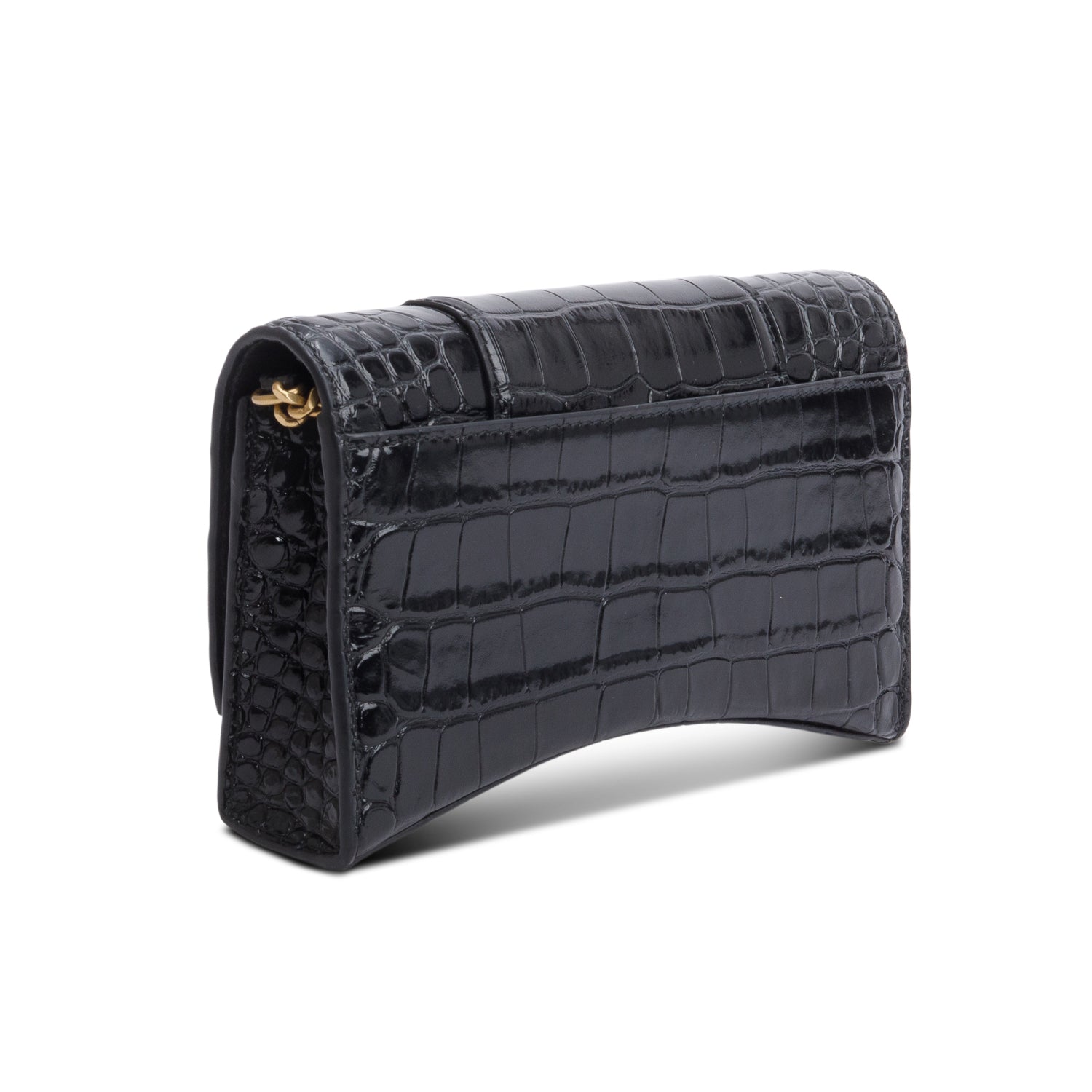 Balenciaga Black Shiny Calfskin Croc Embossed Hourglass Wallet on Chain
