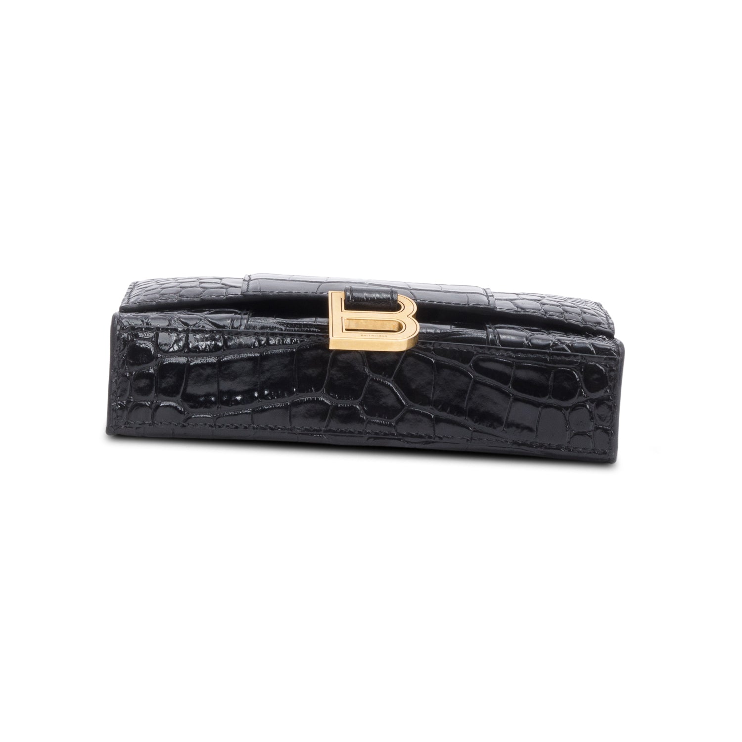 Balenciaga Black Shiny Calfskin Croc Embossed Hourglass Wallet on Chain