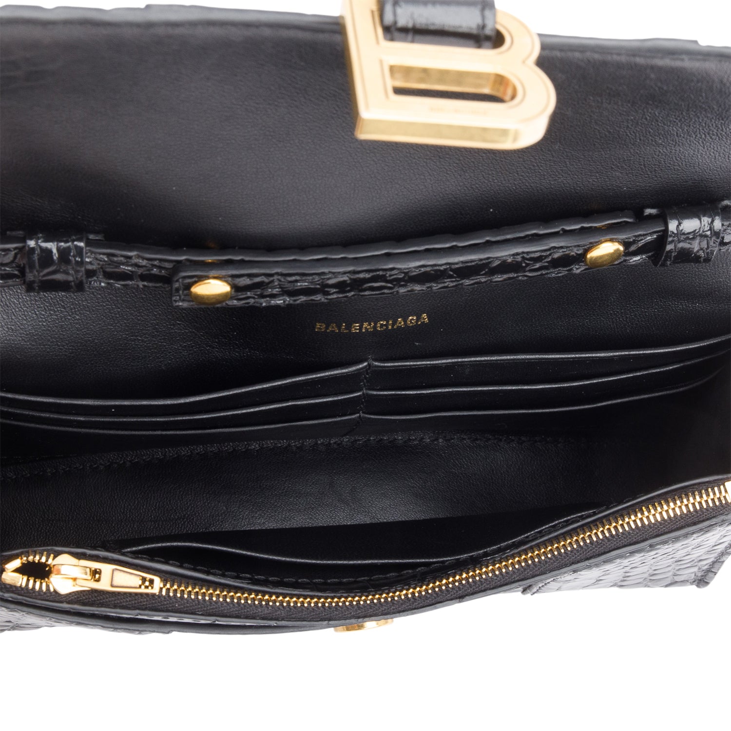 Balenciaga Black Shiny Calfskin Croc Embossed Hourglass Wallet on Chain