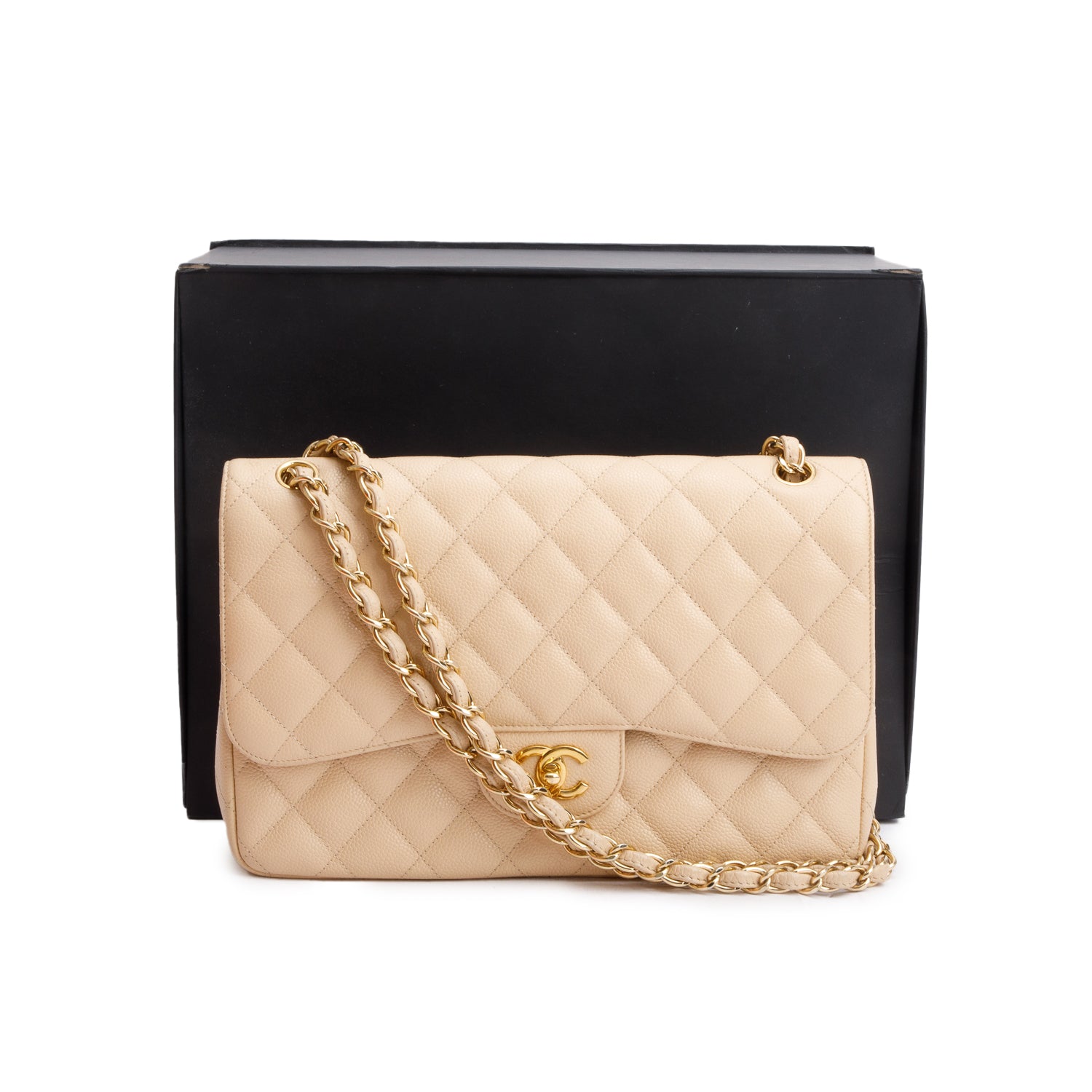 Chanel Beige Quilted Caviar Leather Classic Jumbo Double Flap Bag w/ Box