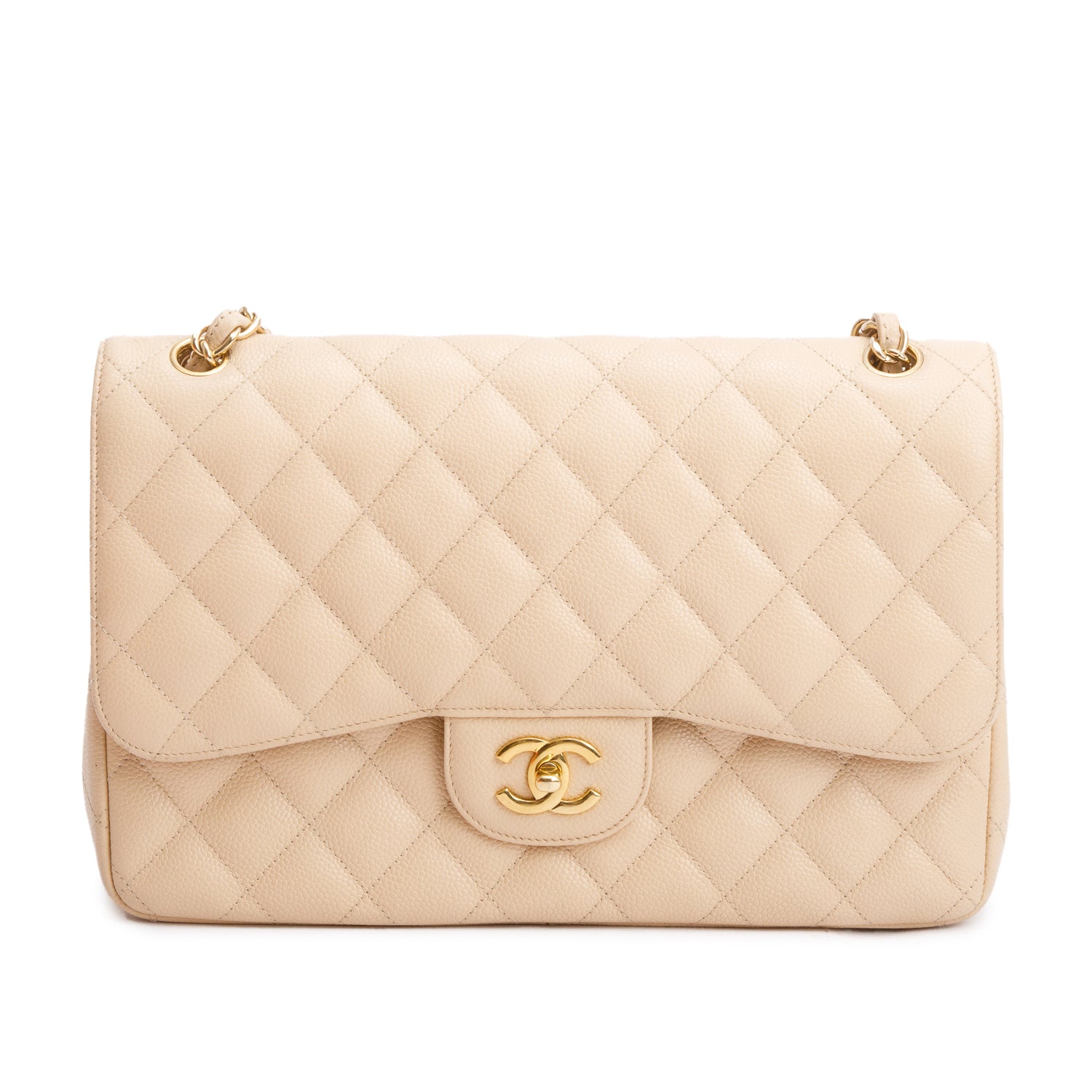 Chanel Beige Quilted Caviar Leather Classic Jumbo Double Flap Bag w/ Box