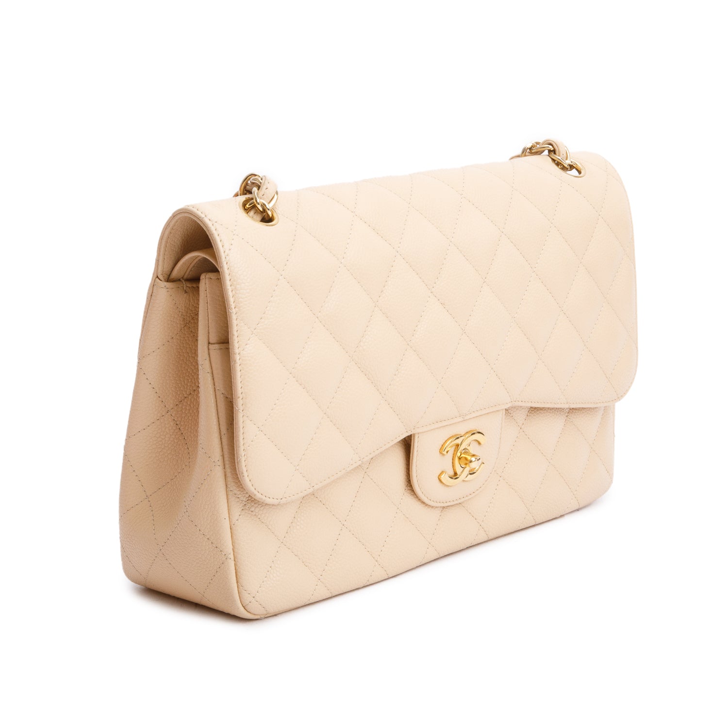 Chanel Beige Quilted Caviar Leather Classic Jumbo Double Flap Bag w/ Box