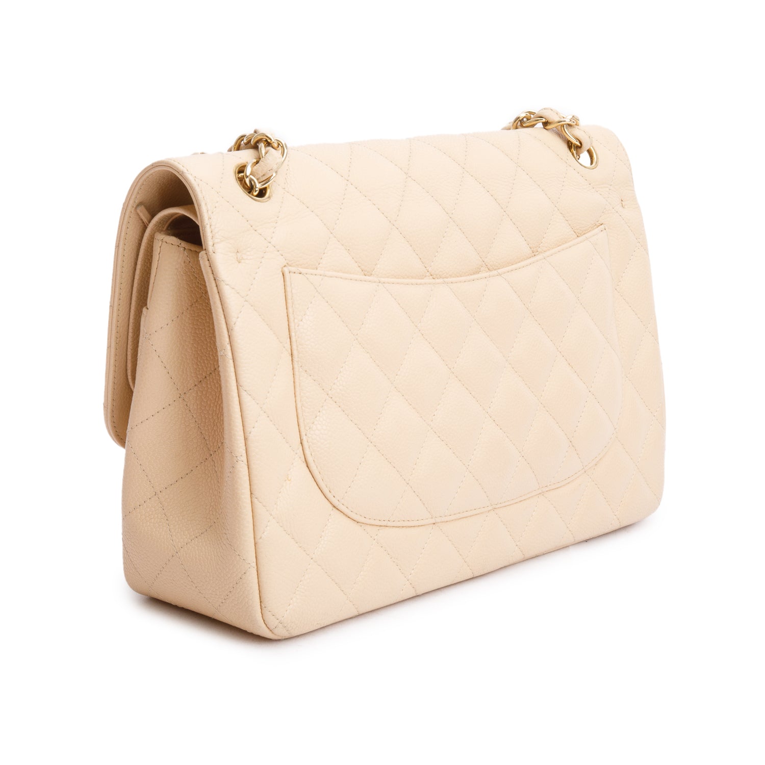 Chanel Beige Quilted Caviar Leather Classic Jumbo Double Flap Bag w/ Box