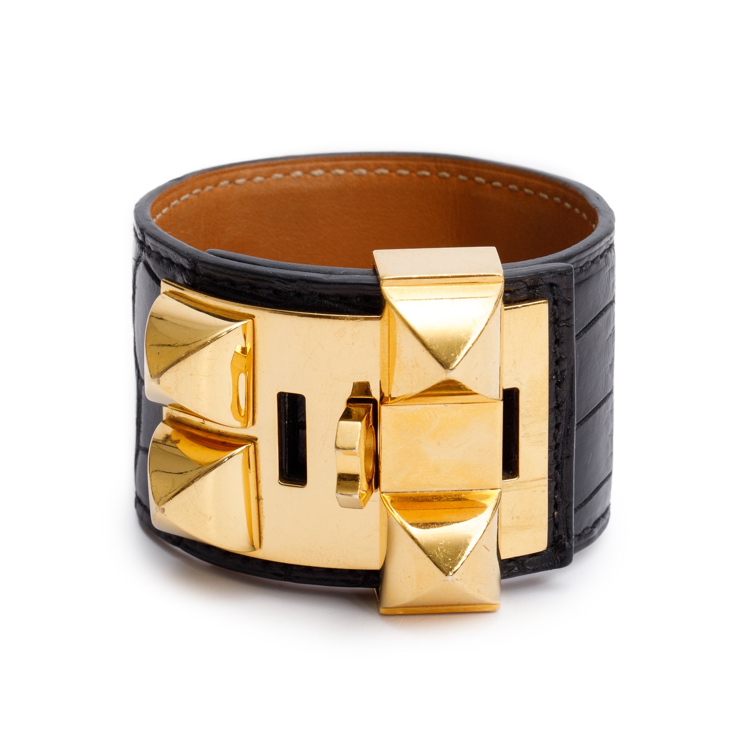 Hermes Gold-Plated Black Matte Alligator Collier de Chien Bracelet, Size S