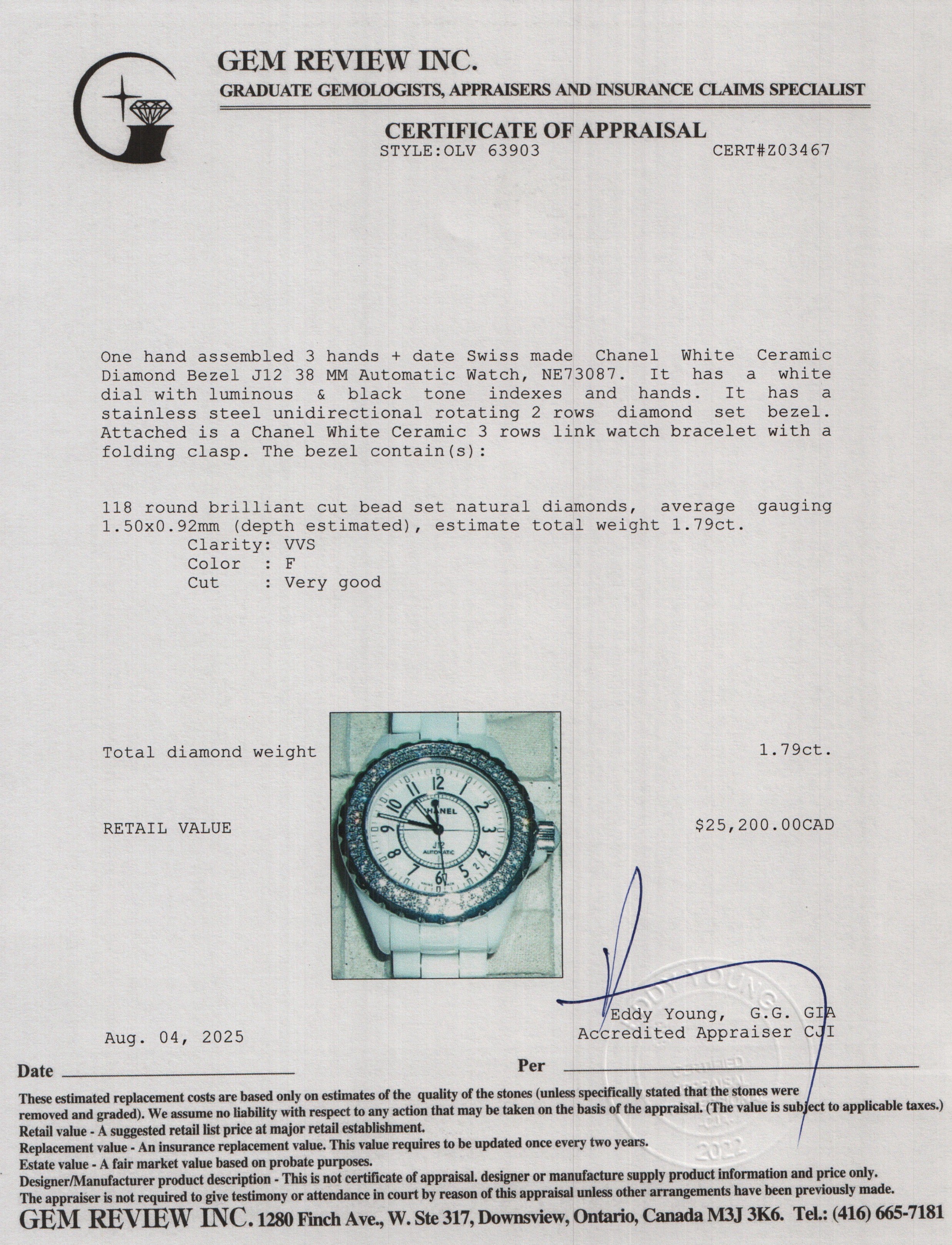 Chanel White Ceramic Diamond Bezel J12 38 MM Automatic Watch