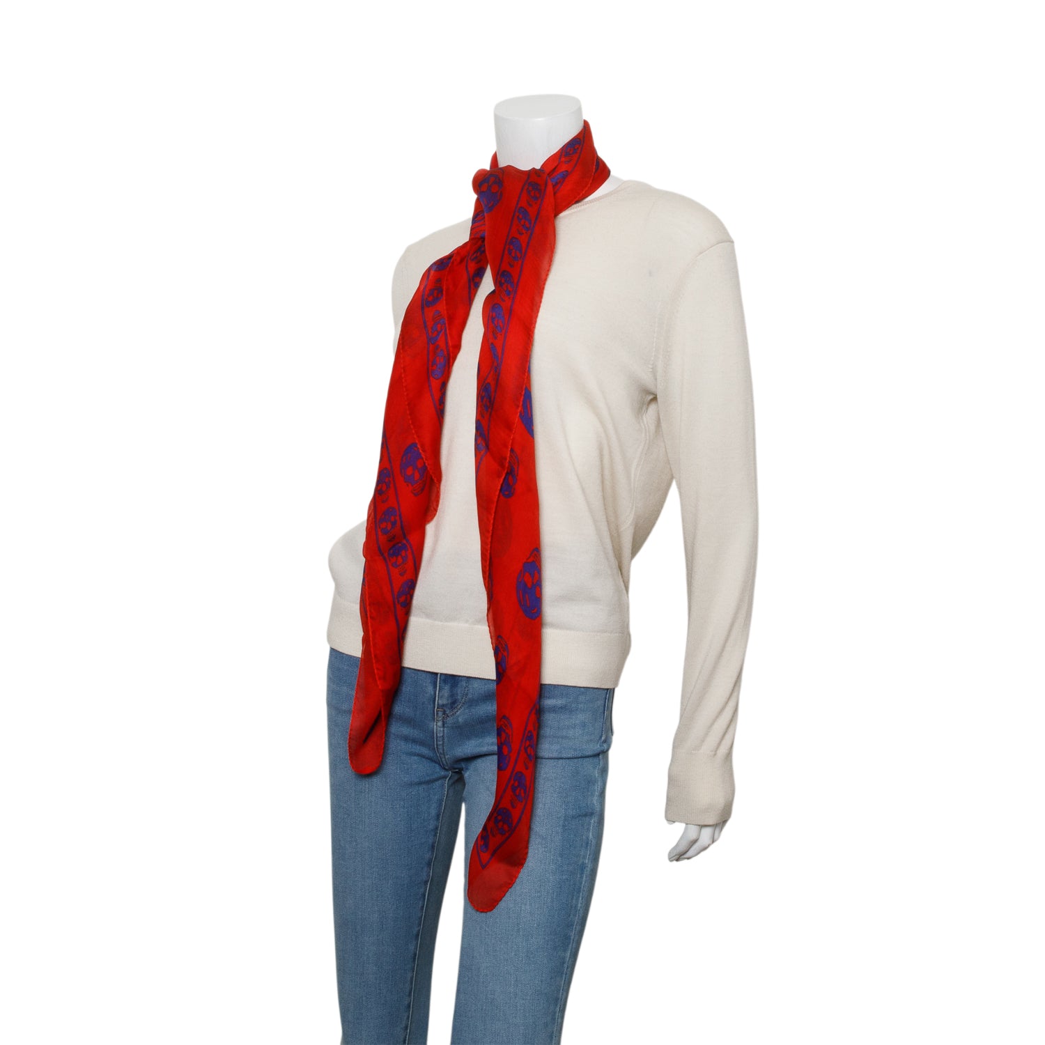 Alexander McQueen Red/Blue Skull Printed Silk Scarf
